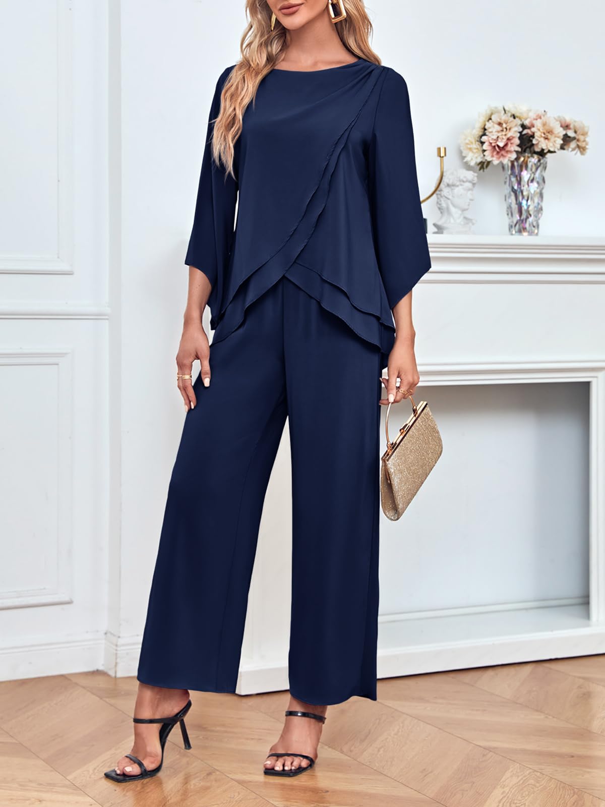 Zongqiven Women's Chiffon 2-Piece Mother of the Bride Pant Suit Set with Asymmetrical Hem - Elegant Wedding Party & Prom Outfit for Special Occasions