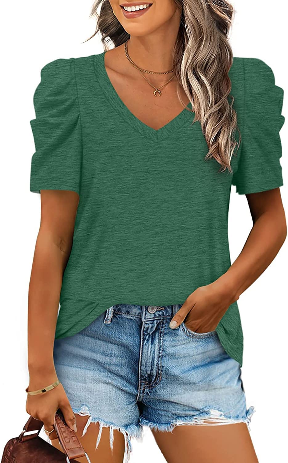 Women's V-Neck Short Sleeve Flowy T-Shirt - Soft Plain Green Top for St Patrick's Day | Casual Wear, Party Outfit & Everyday Comfort