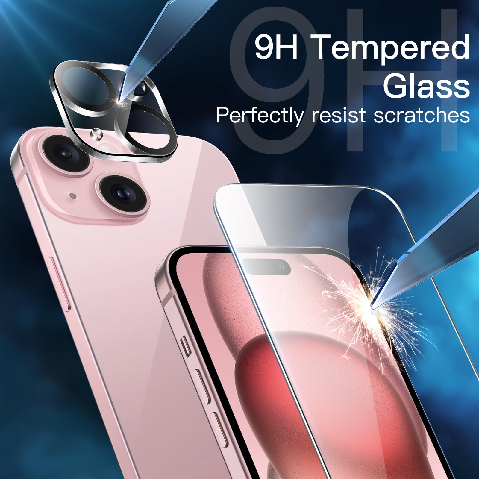 JETech 5-in-1 Matte Shockproof Case for iPhone 15 Plus 6.7-Inch with 2-Pack Tempered Glass Screen Protector & Camera Lens Protector - Translucent Pink Phone Cover for Everyday Protection & Style