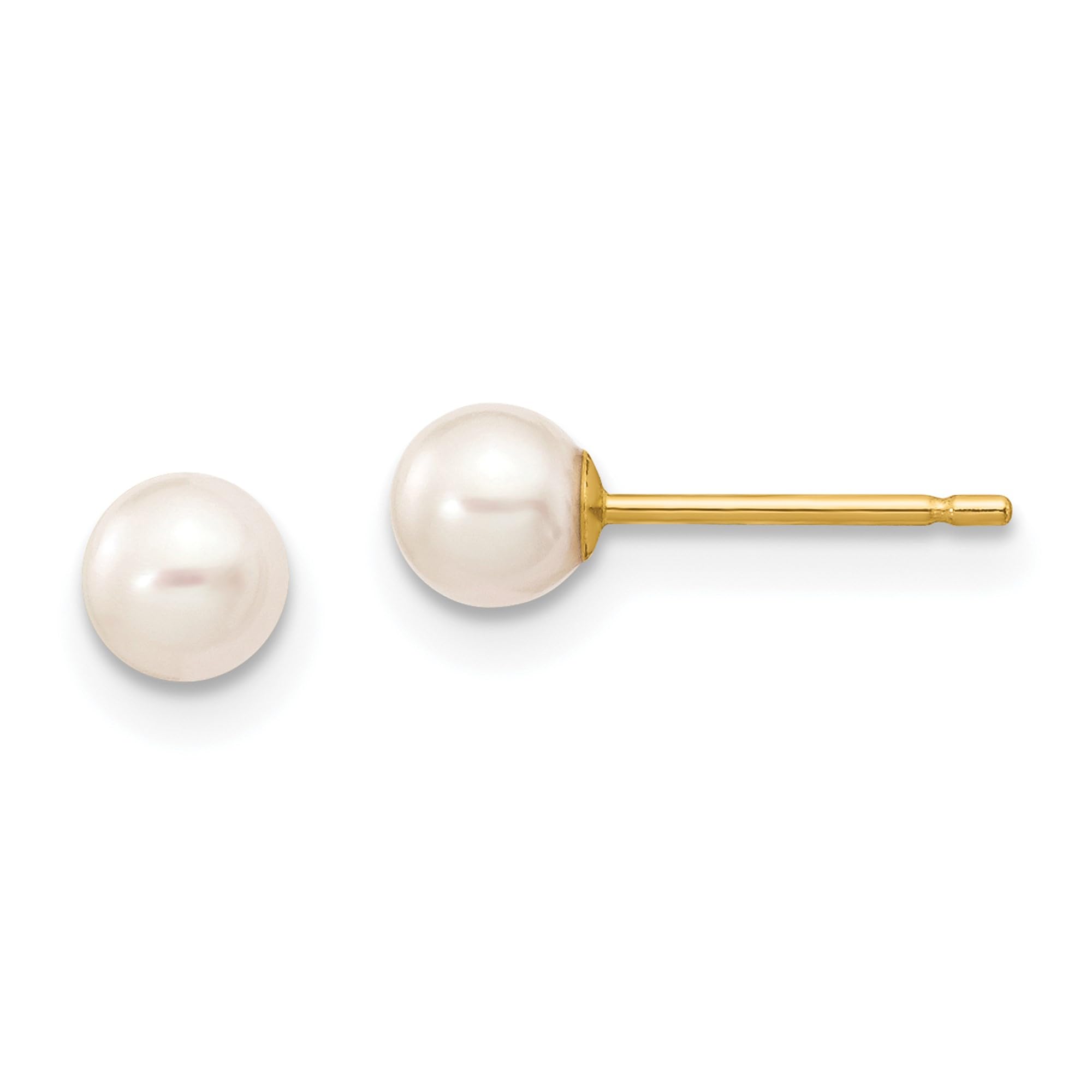 14K Solid Yellow Gold 4mm White Round Freshwater Cultured Pearl Stud Earrings for Women - Classic Elegant Jewelry Gift for Bridal, Wedding, Anniversary & Special Occasions