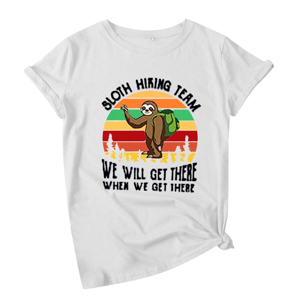 Funny Sloth Hiking Team Graphic Tee for Women - Short Sleeve Summer T-Shirt - Cute Casual Top for Outdoor Adventures & Everyday Wear