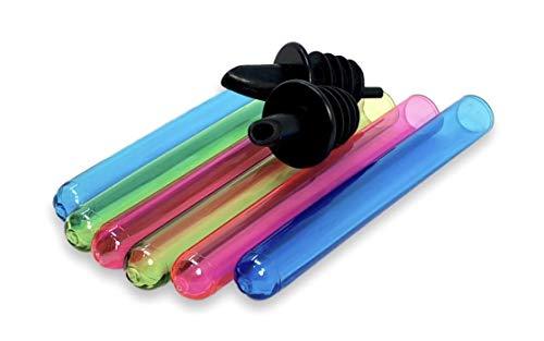 24 Neon Test Tube Shot Glasses with 2 Free Liquor Pourers - Spill-Proof Drinking Cups for New Year's Eve, Bars, Pool Parties, Bachelorette & Bachelor Parties - Perfect for Man Caves, Holiday Celebrations & Special Events