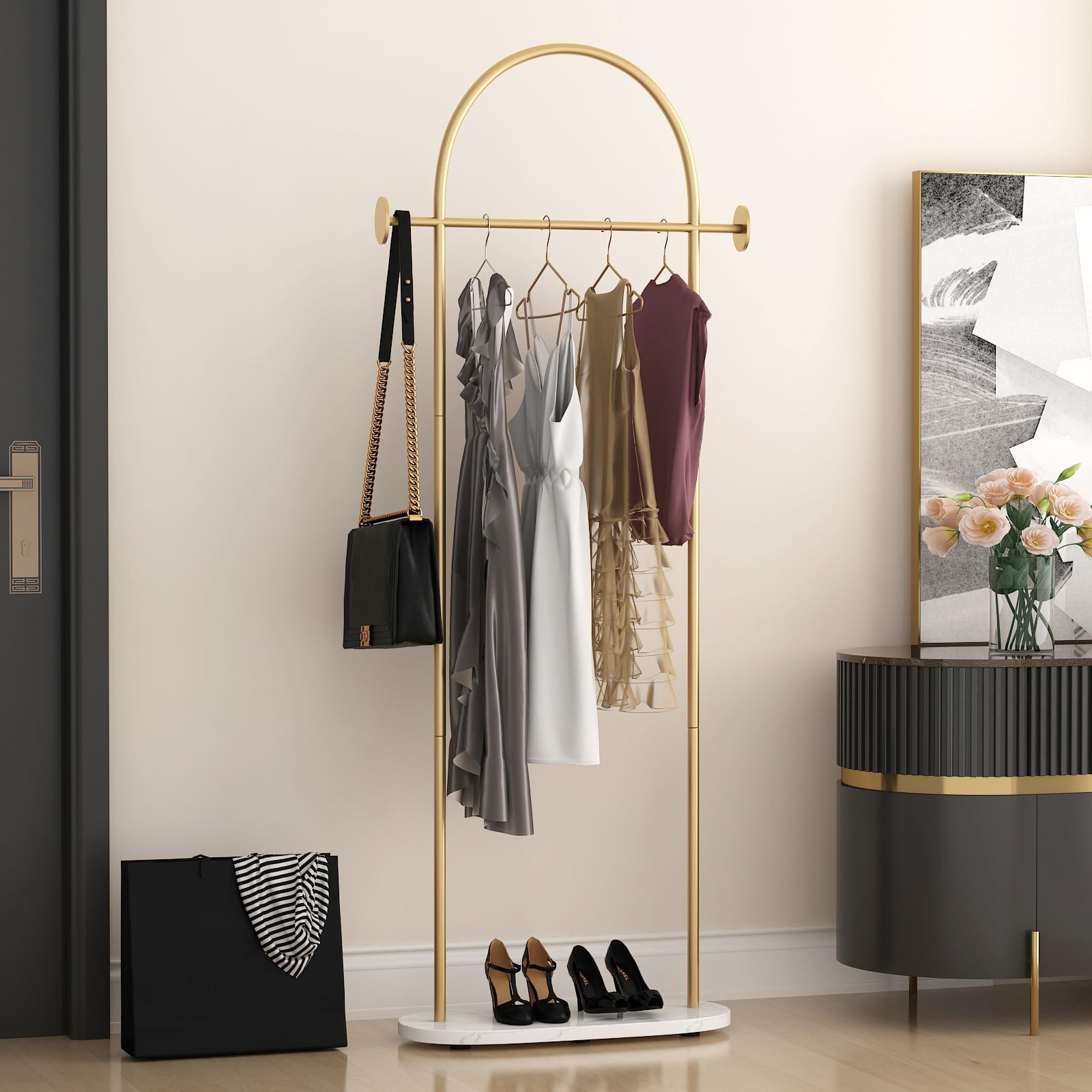 Gold Clothing Rack - Heavy Duty Freestanding Coat Rack with Shelf & Hooks | Modern Metal Garment Hanger Stand for Boutique, Office & Home Organization | Perfect for Closet Storage, Retail Display & Bedroom Decor