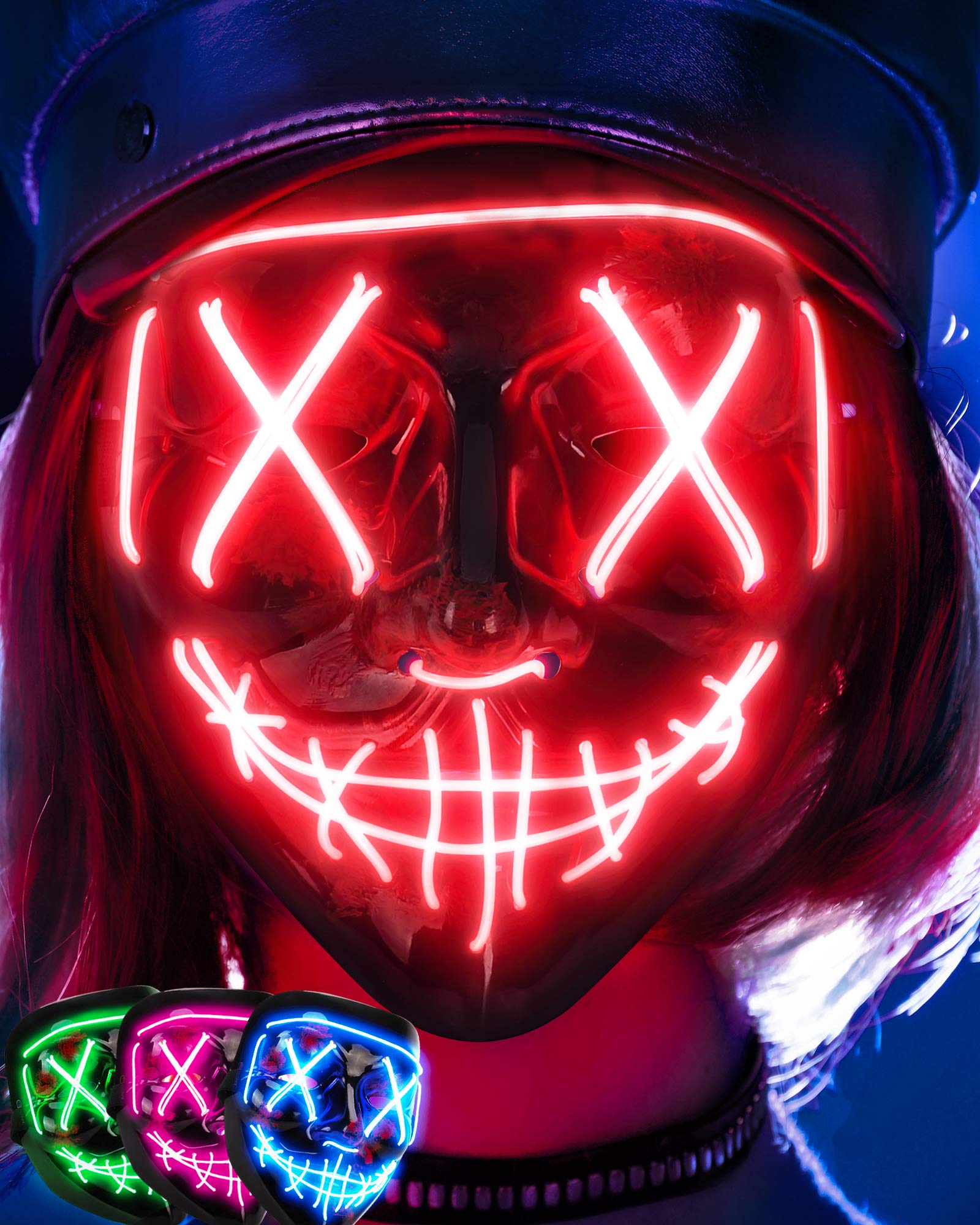 Glow in the Dark LED Halloween Mask with 3 Lighting Modes & EL Wire - Scary Glowing Costume Mask for Men, Women & Kids - Perfect for Halloween Parties, Haunted Houses & Night Events