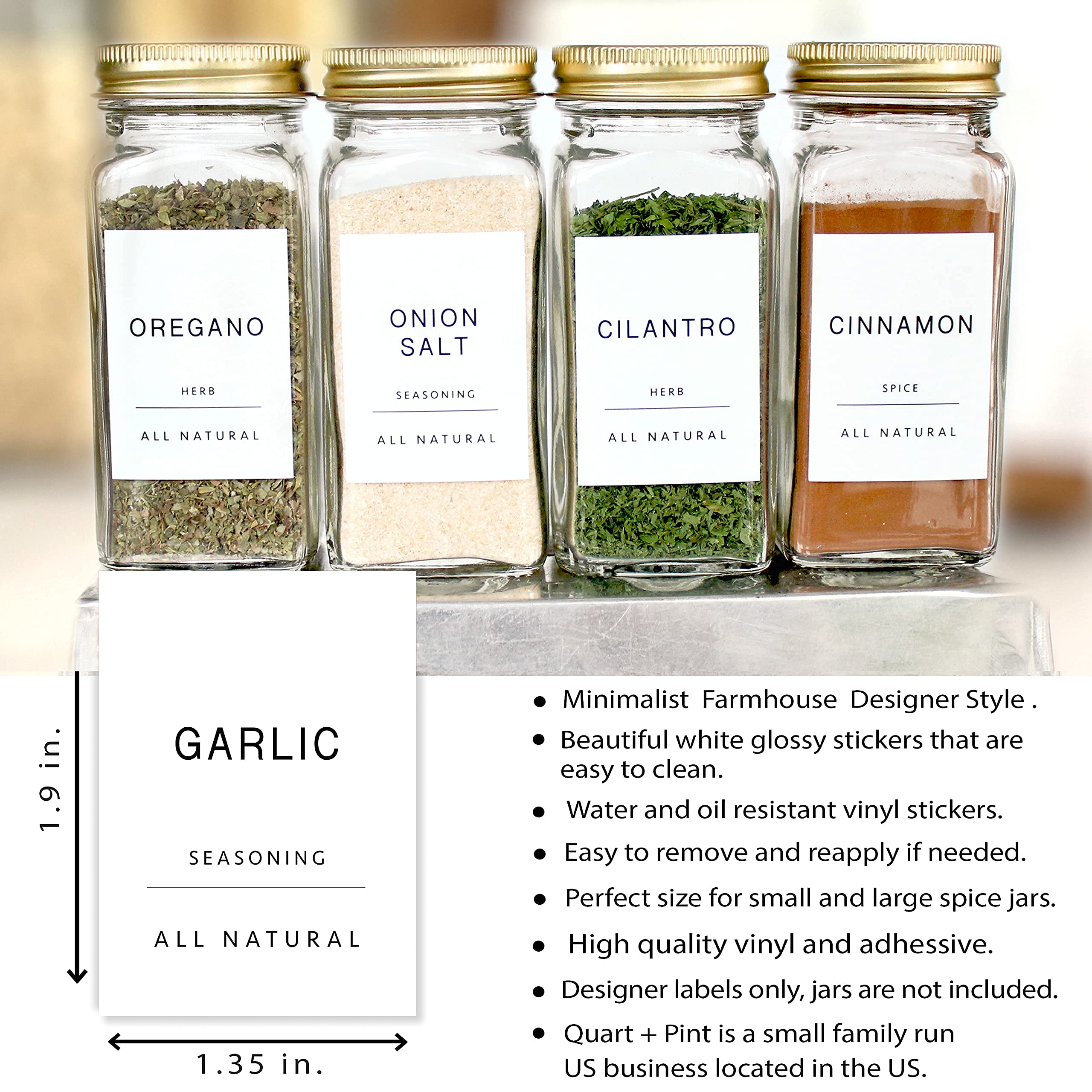140 Glossy Spice Jar Labels - Quart & Pint Sizes - Minimalist White Stickers with Black Text - Waterproof & Durable - Perfect for Organizing Jars, Bottles, Containers & Bins - Ideal for Kitchen Pantry Storage & Spice Rack Organization - Great for Home, Restaurant & Catering Use