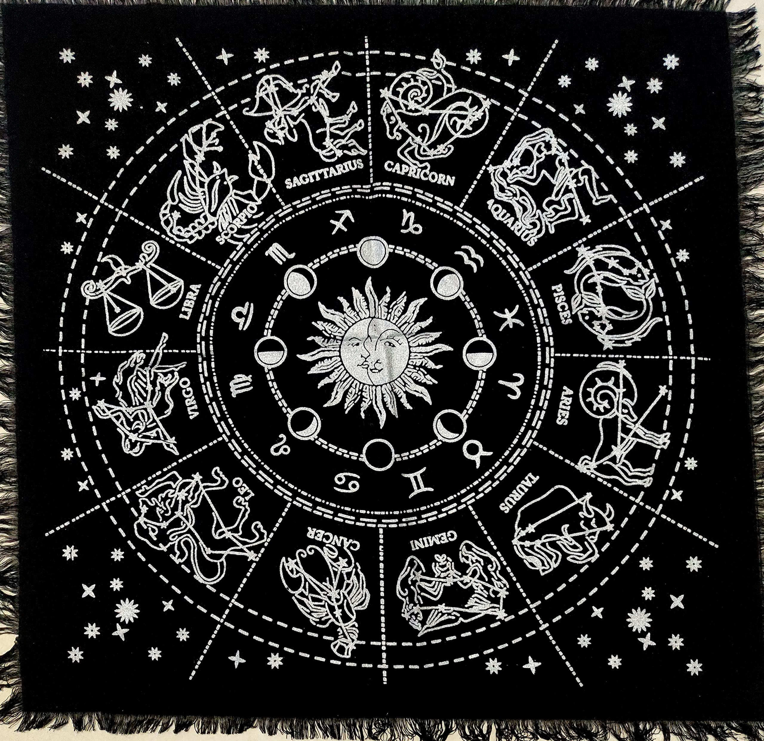 Premium 12 Constellation Altar Cloth - Sun, Moon & Stars Design for Witchcraft, Tarot, Wicca Rituals | 18x18 Inch Zodiac Silver Spiritual Cloth | Perfect for Meditation, Divination & Sacred Ceremonies