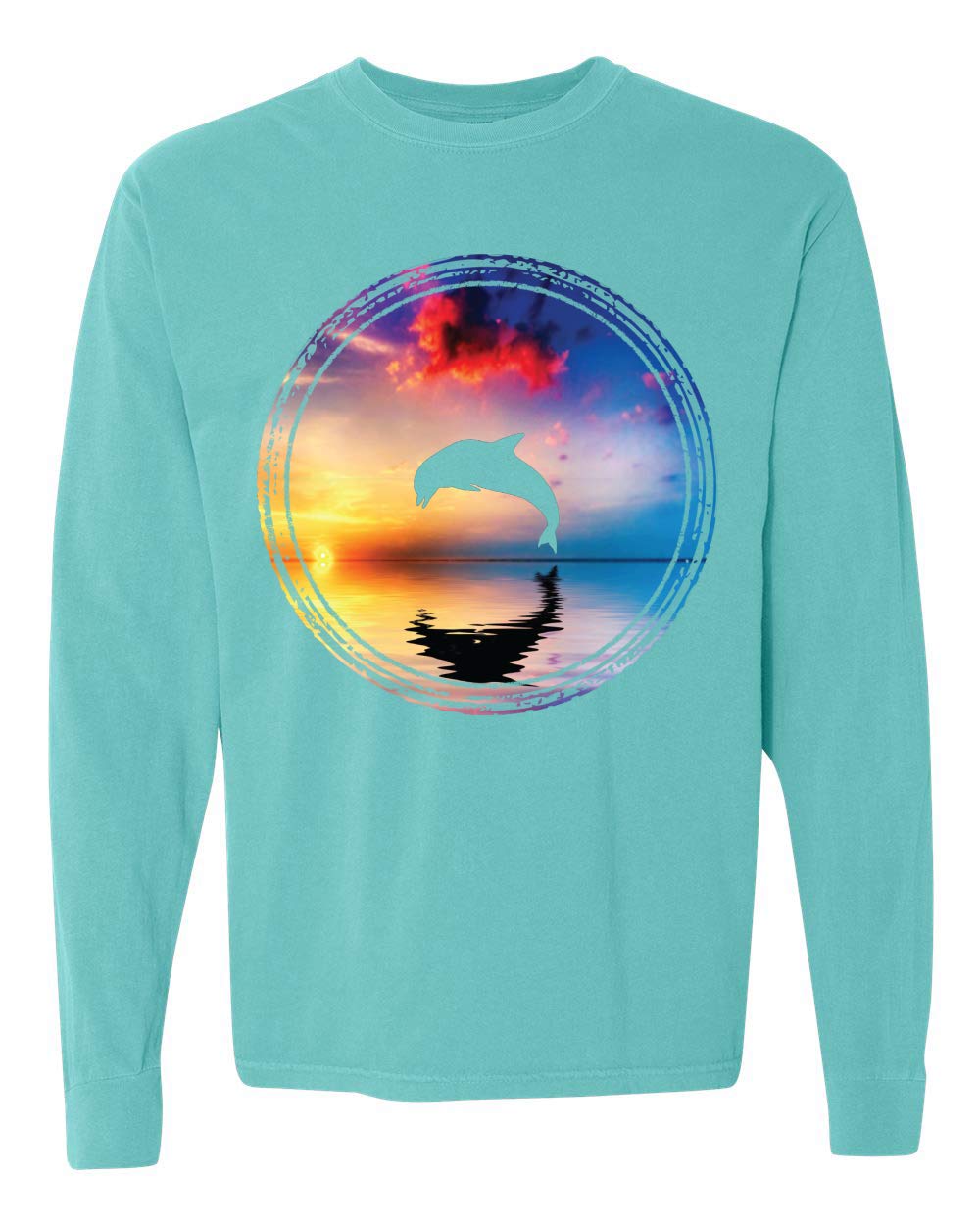 Stylish Wild Dolphin Sunset Lake Graphic Long Sleeve T-Shirt for Animal Lovers - Soft Garment-Dyed Washed Look - Perfect for Casual Wear, Beach Outings & Nature Enthusiasts