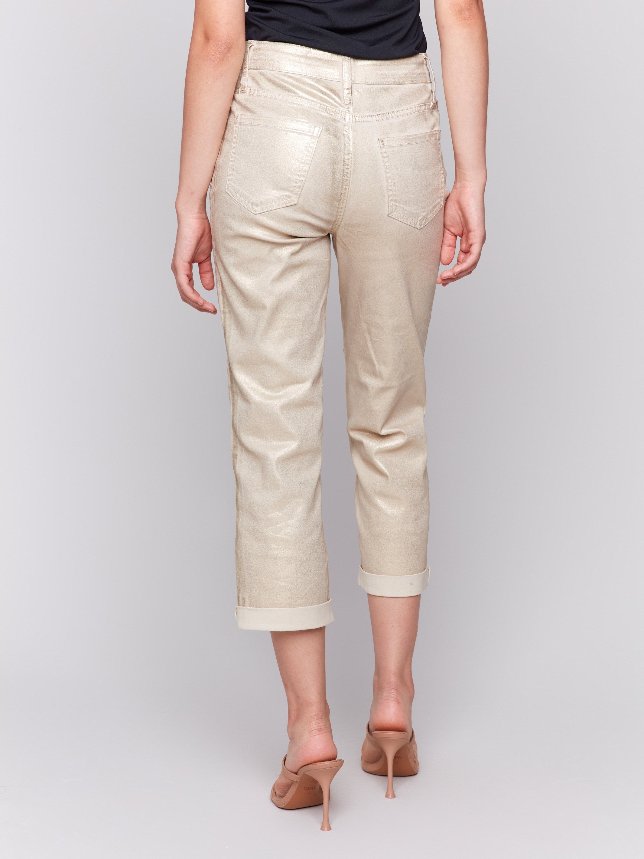 Stylish Foiled Straight Leg Pants with Cuffed Hem - Natural Color | Trendy Women's Fashion for Office, Casual & Evening Wear