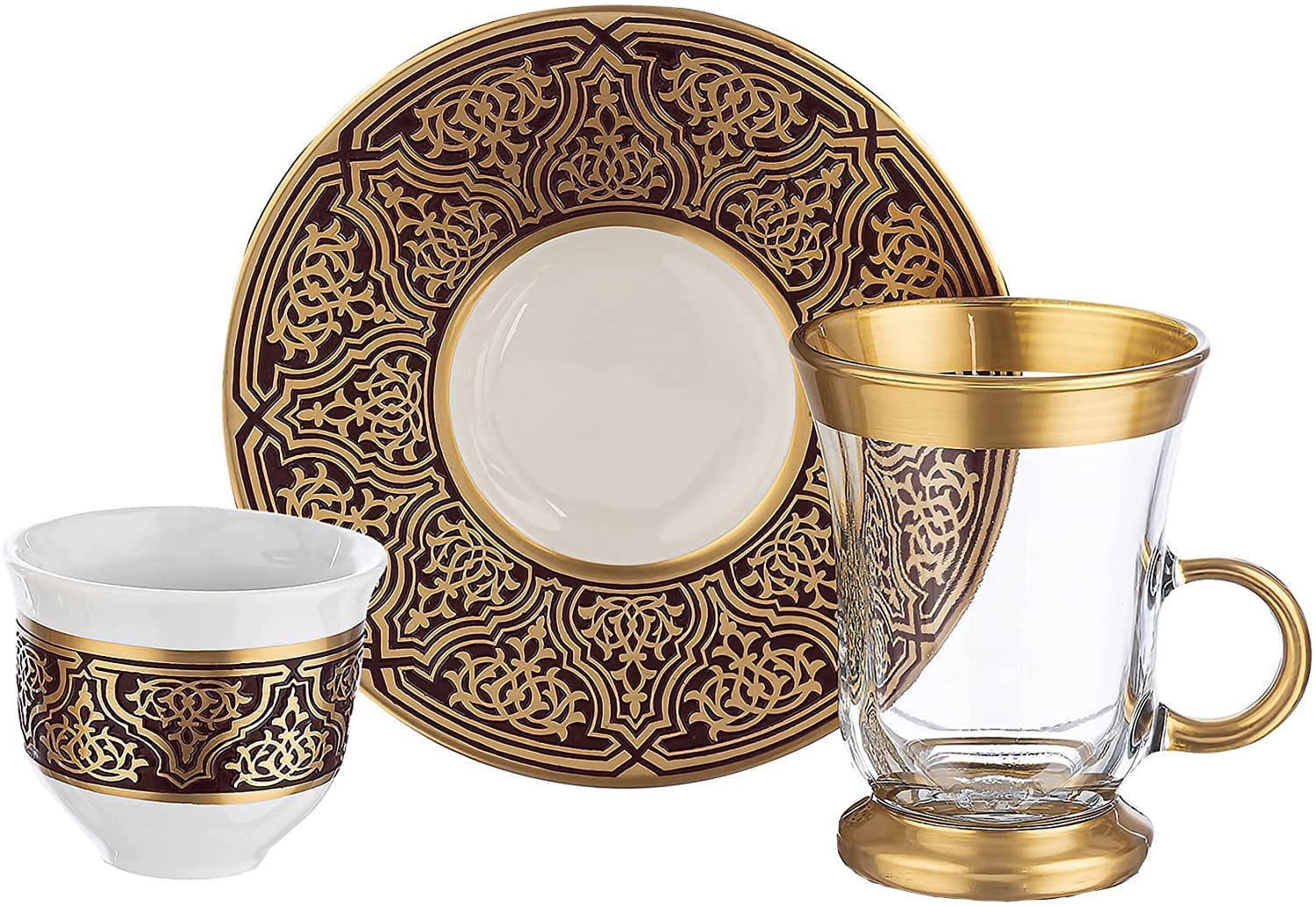 Premium Turkish Tea Set - 18-Piece Handmade Gold-Plated Mirra Cups & 6 Tea Glasses, 22K Gold Vintage Design (140cc, Red) - Perfect for Home Tea Parties, Gifts & Traditional Turkish Tea Ceremonies