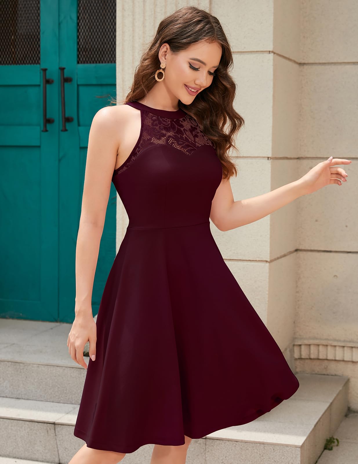 Elegant Women's Cocktail Dress Halter Lace Vintage Prom Wedding Party Gown - Perfect for Evening Events, Homecoming, and Special Occasions