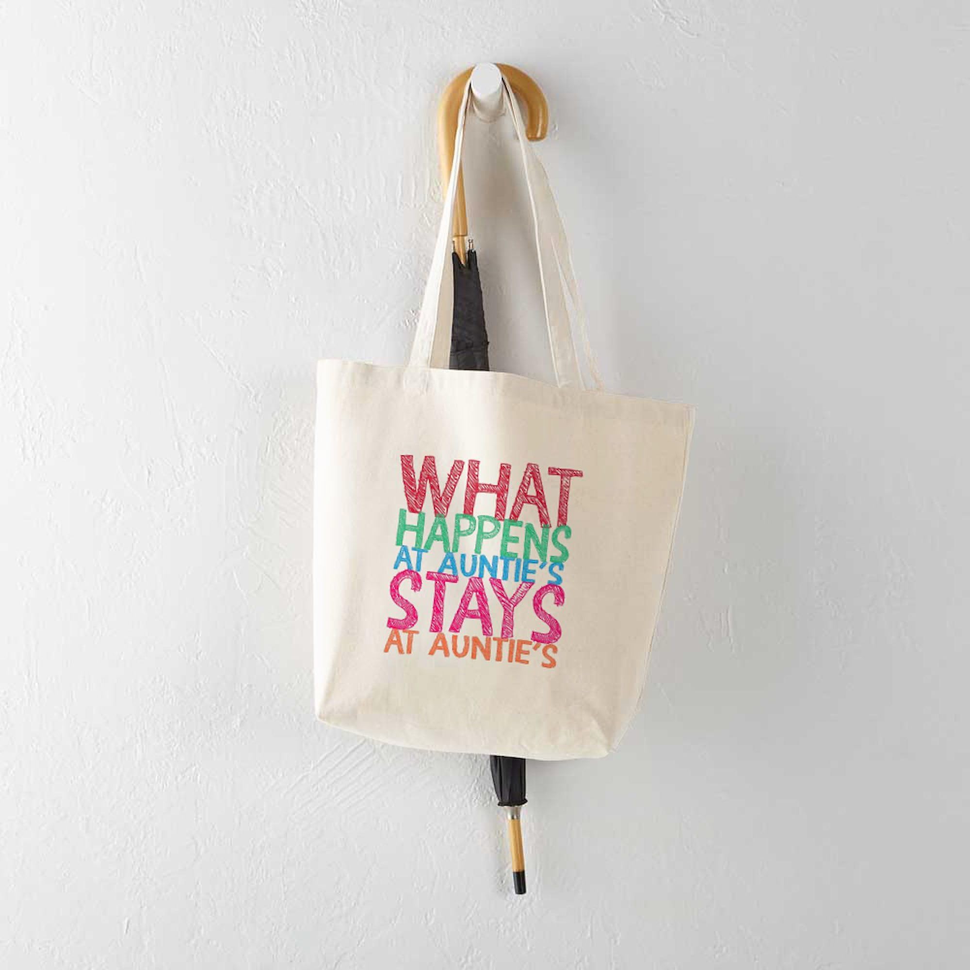Reusable Natural Canvas Tote Bag - Funny 'What Happens At Auntie's' Design - Eco-Friendly Shopping Bag for Groceries, Beach, Work & Daily Use