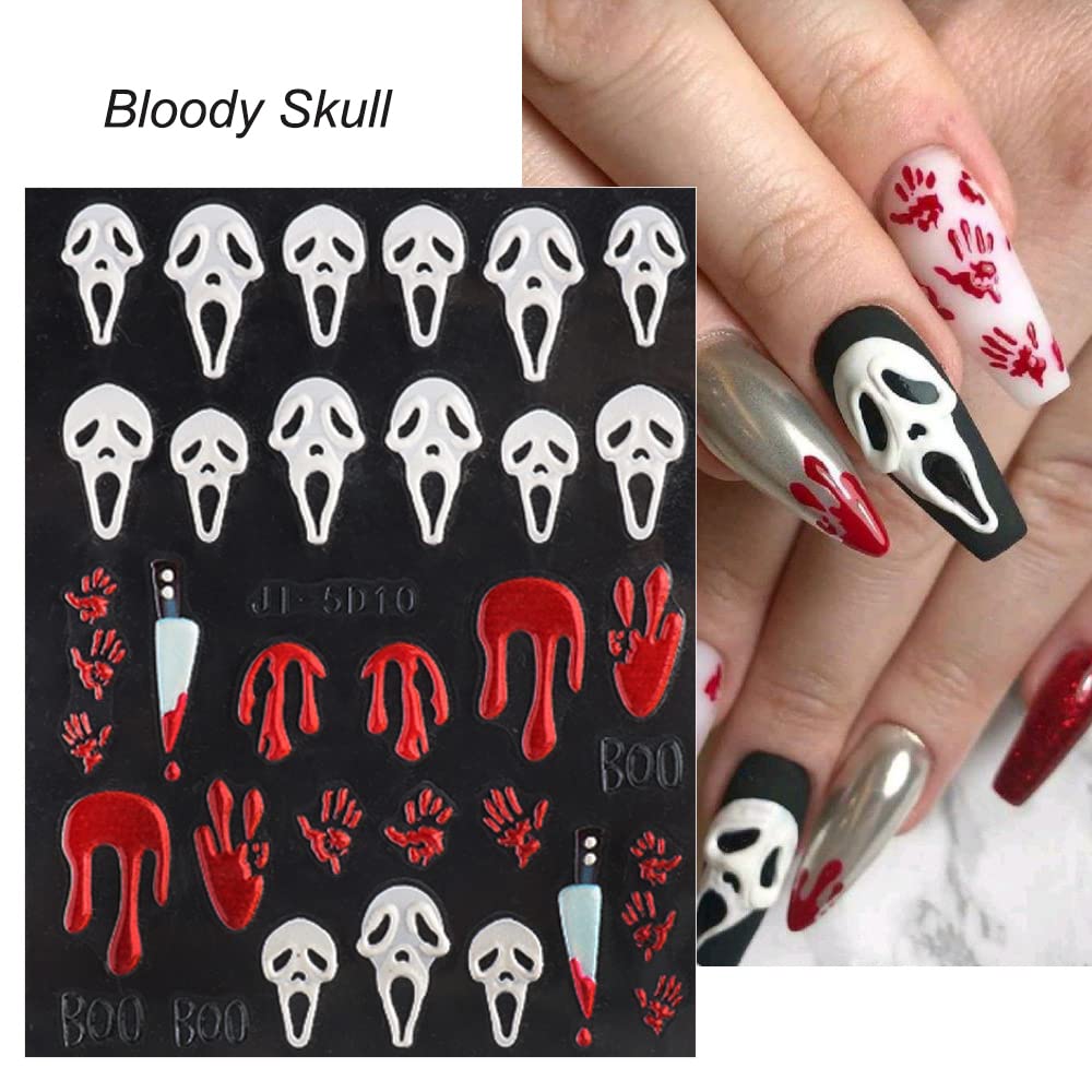 5D Halloween Nail Art Stickers - Sugar Skull Bone Blood Design, Self-Adhesive Nail Decals for Acrylic Nails (3 Sheets) - Perfect for Women & Girls DIY Nail Art, Costume Parties & Spooky Halloween Looks