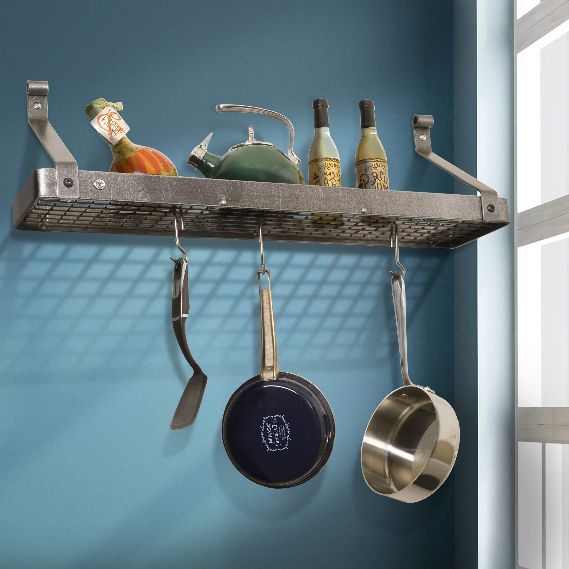 Enclume Handcrafted 30-Inch Gourmet Bookshelf Wall Rack with 12 Hooks - Hammered Steel Kitchen Organizer for Spices, Utensils & Cookbooks - Perfect for Farmhouse, Rustic & Modern Kitchens