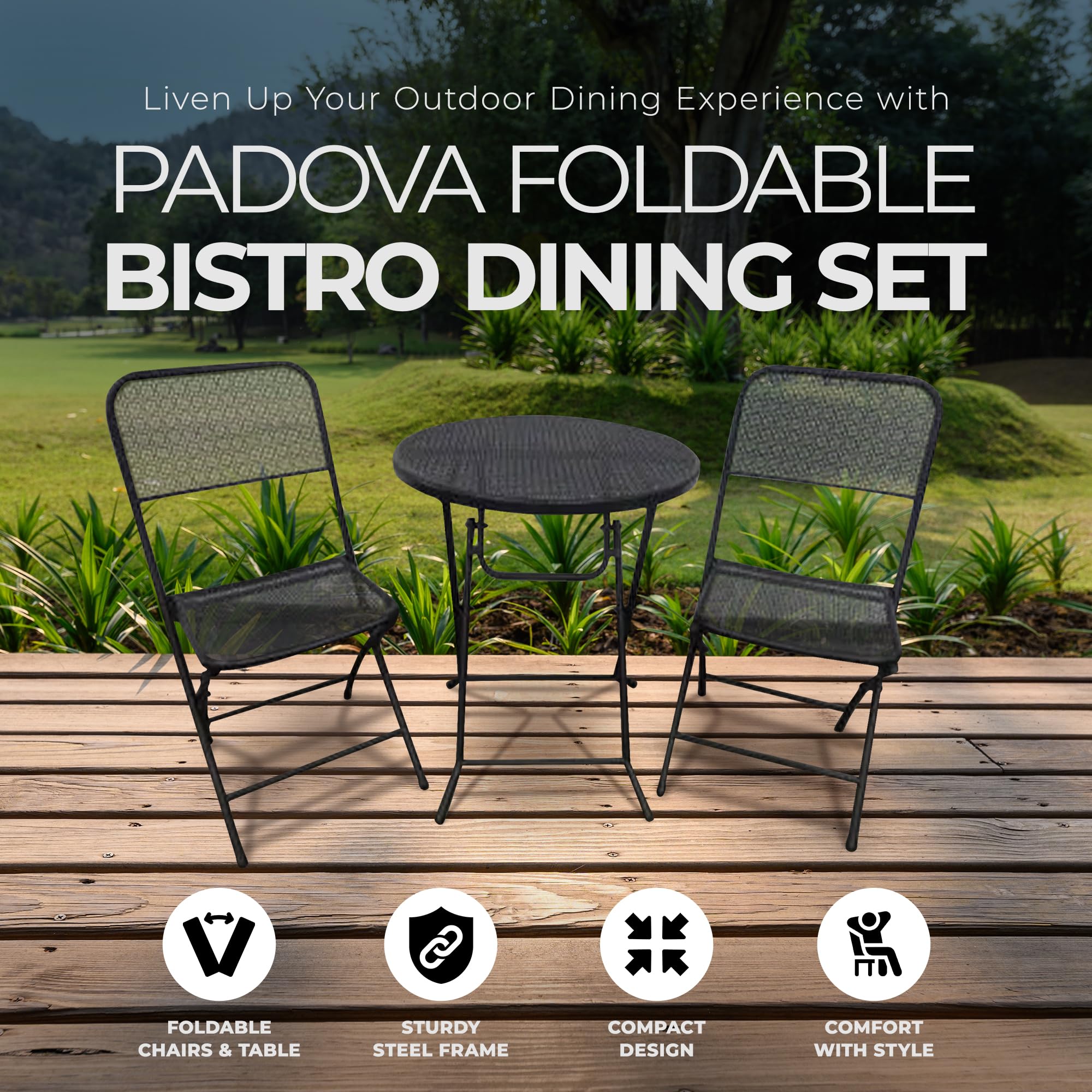 Padova 3-Piece Outdoor Bistro Set with 2 Folding Chairs & Round Table - Black Patio Furniture for Backyard, Deck or Garden Dining | Perfect for Small Spaces & Outdoor Entertaining
