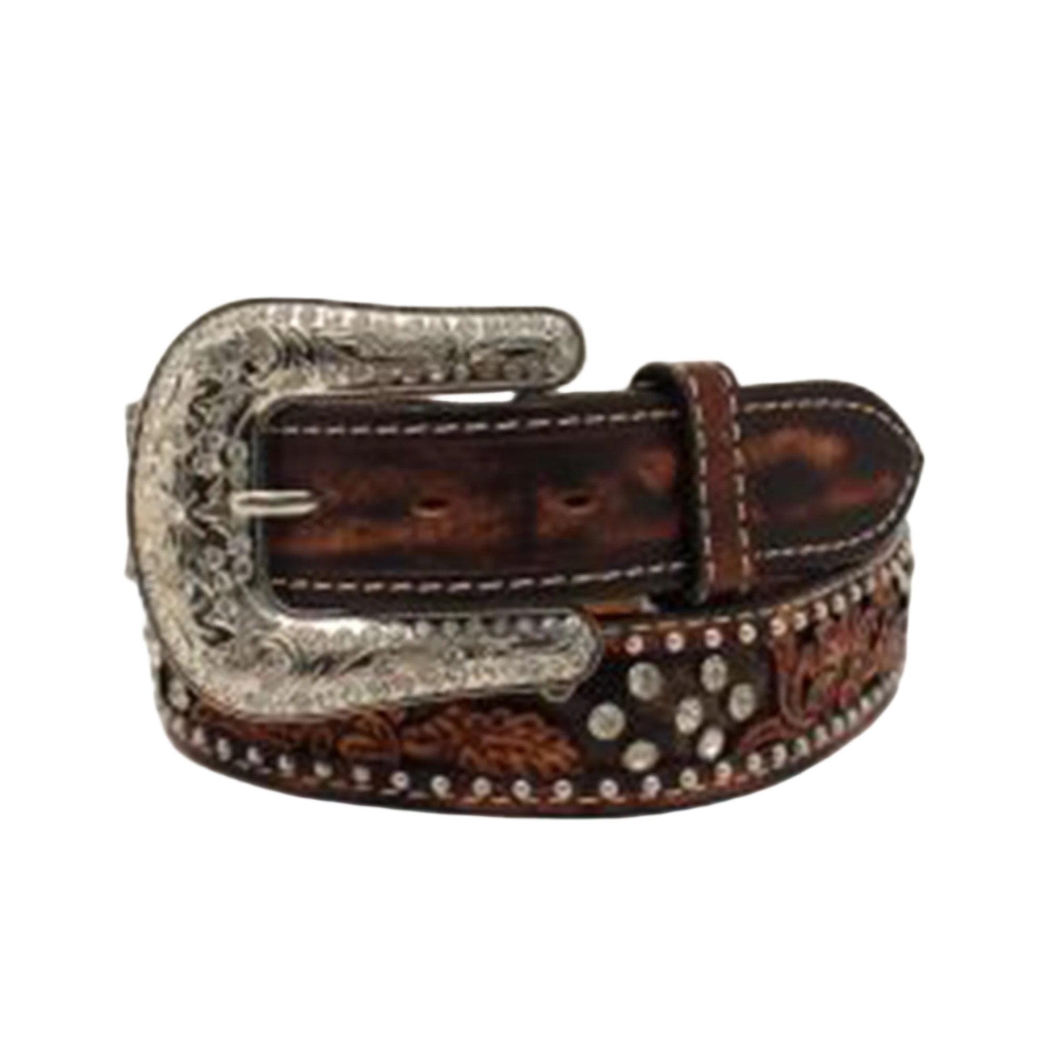 Angel Ranch Women's Tooled Leather Overlay Belt with Genuine Stone Accents - Western Style Fashion Accessory for Cowgirl Boots, Jeans & Country Outfits