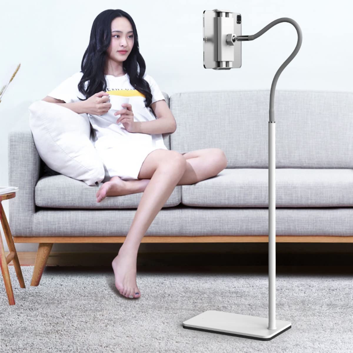 Universal Tablet Gooseneck Floor Stand - Adjustable Height 109-151cm, Stable Base for 4-12.8