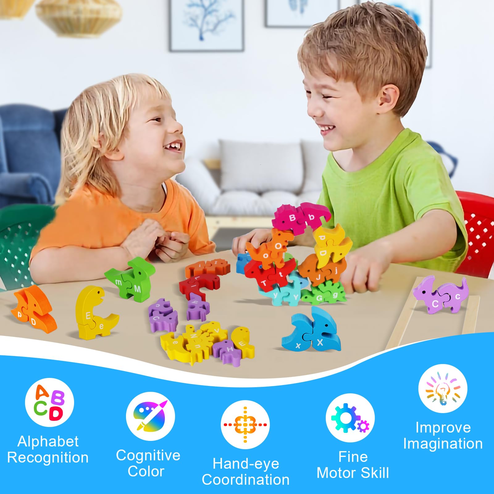 Montessori Wooden Alphabet Learning Toys for Kids Ages 3-6 - 26PCS Dinosaur ABC Matching Letters & Stacking Educational Toys | Perfect for Preschool Learning, Birthday Gifts & Montessori Classroom Activities