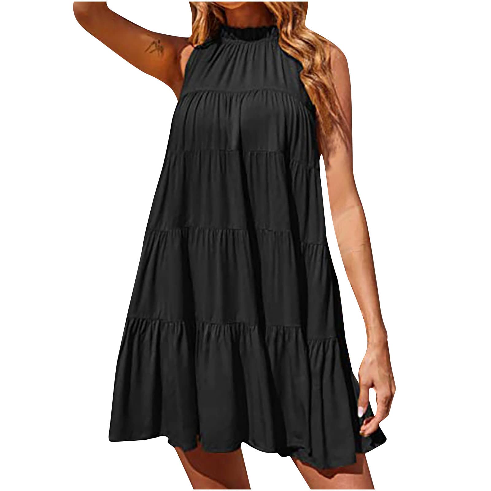 Maqroz Women's Summer Halter Mini Dress - Sleeveless Ruffled Pleated Swing Dress, Round Neck Casual Solid Color for Beach, Party & Vacation