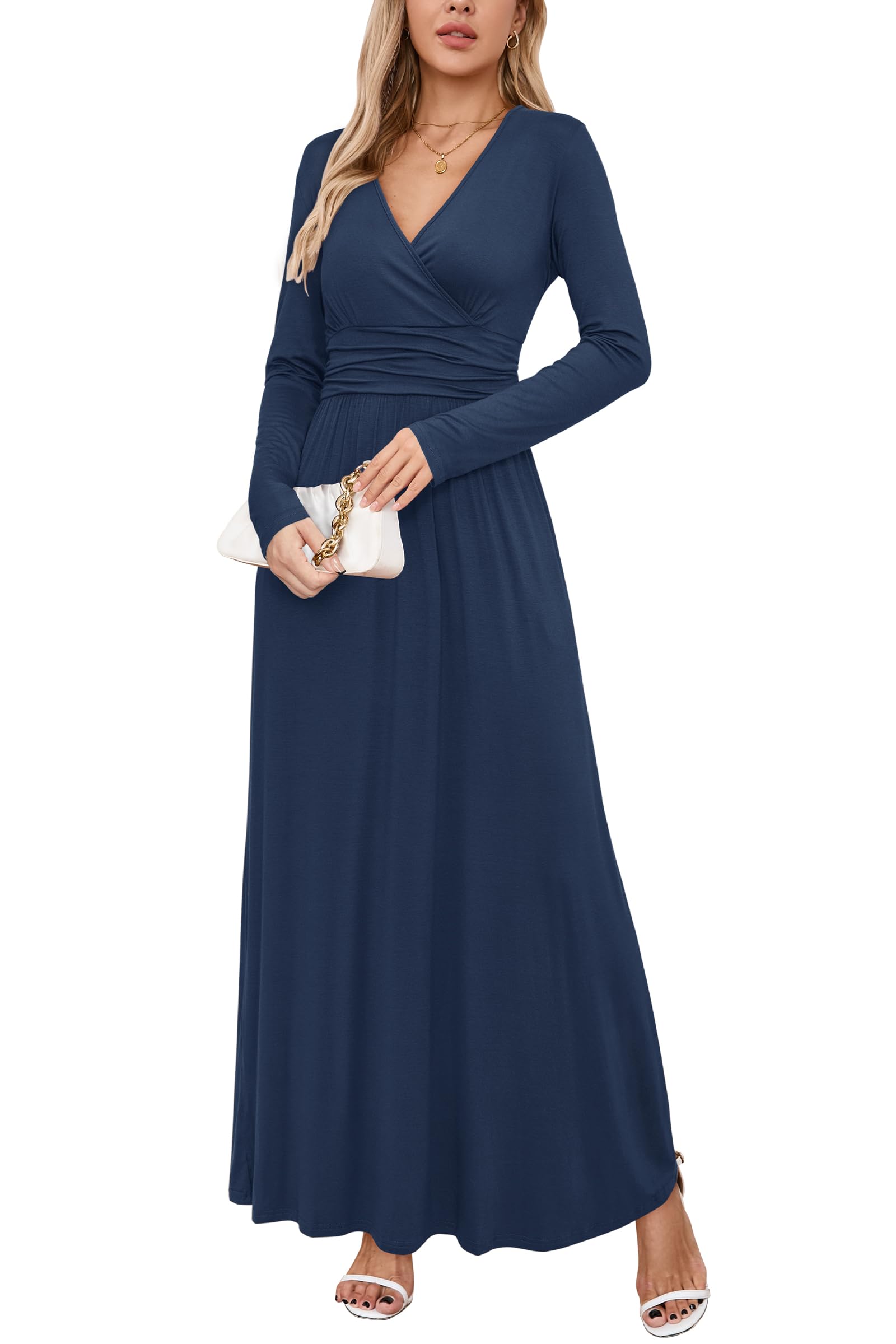 OUGES Women's V-Neck Wrap Waist Maxi Dress - Long & Short Sleeve Options - Perfect for Summer Beach, Wedding Guest & Casual Outings