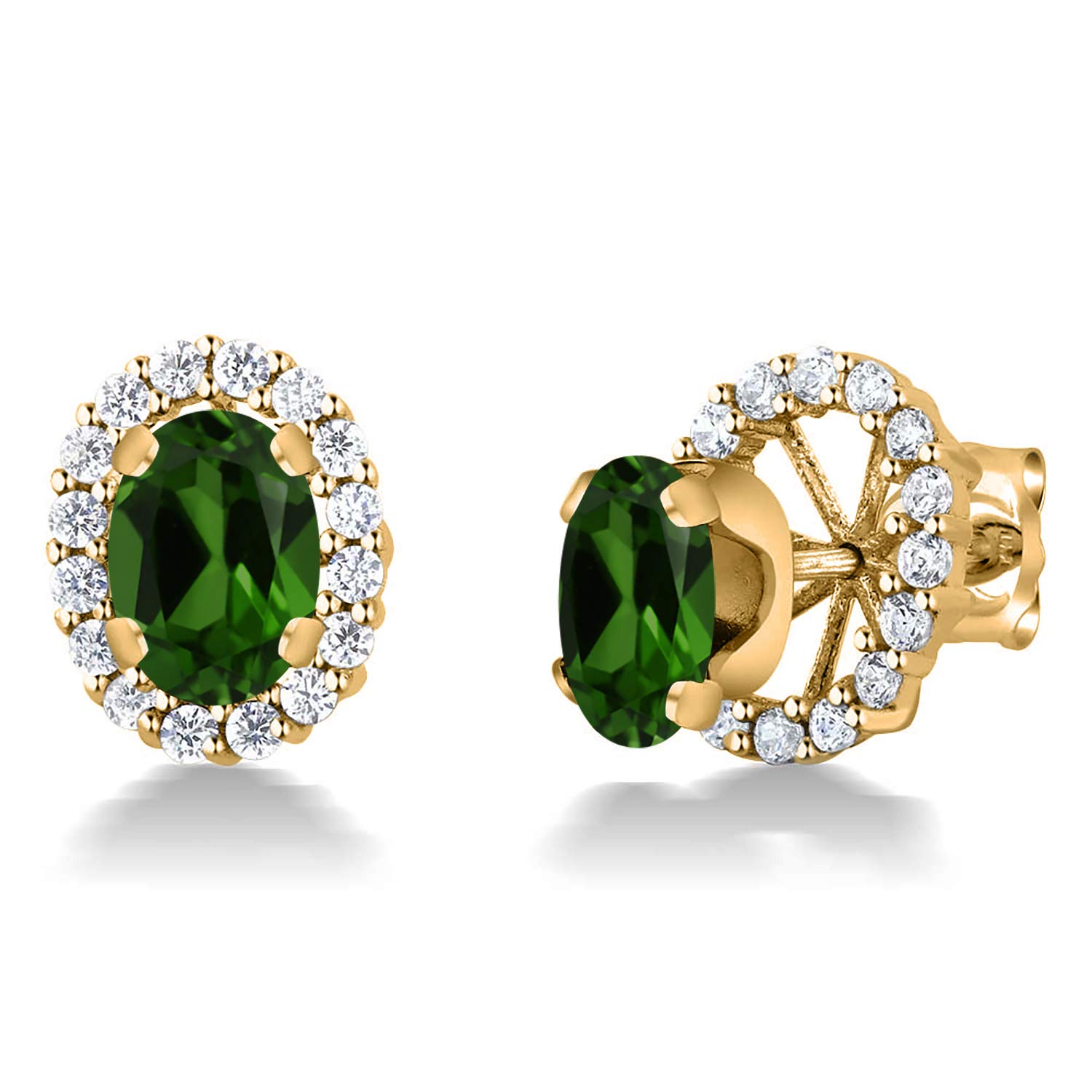 18K Yellow Gold Plated Silver Oval Green Chrome Diopside Stud Earrings for Women | Gem Stone King | Dangle & Jacket Earrings for Party, Wedding & Everyday Wear