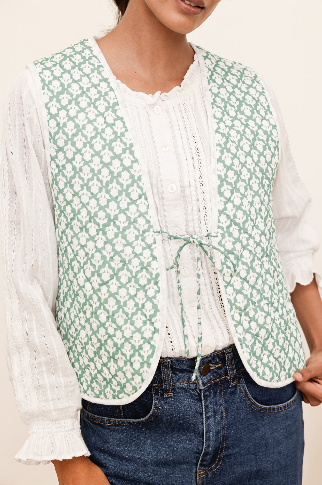 Arlo Quilted Organic Cotton Gilet Vest for Women - Flower Stamp Sage/White - Lightweight Layering Piece for Fall & Winter Fashion