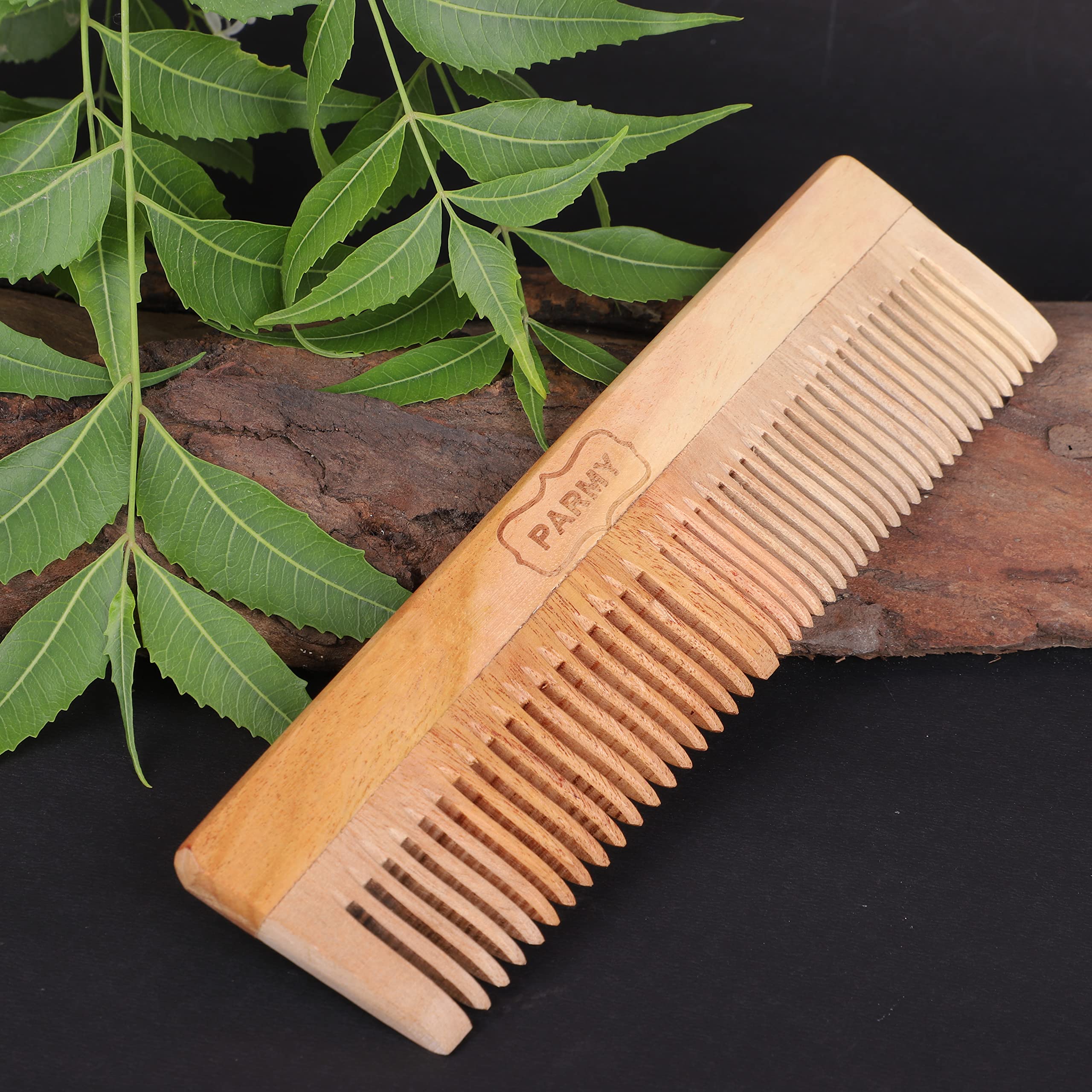 **Parmy Neem Wood Comb & Bamboo Toothbrush Set - Handmade Natural Wooden Hair Comb & Eco-Friendly Toothbrush for Dandruff Control & Hair Straightening - Pack of 2 Toothbrushes + 1 Comb for Men & Women - Perfect for Travel, Home & Daily Hair Care**