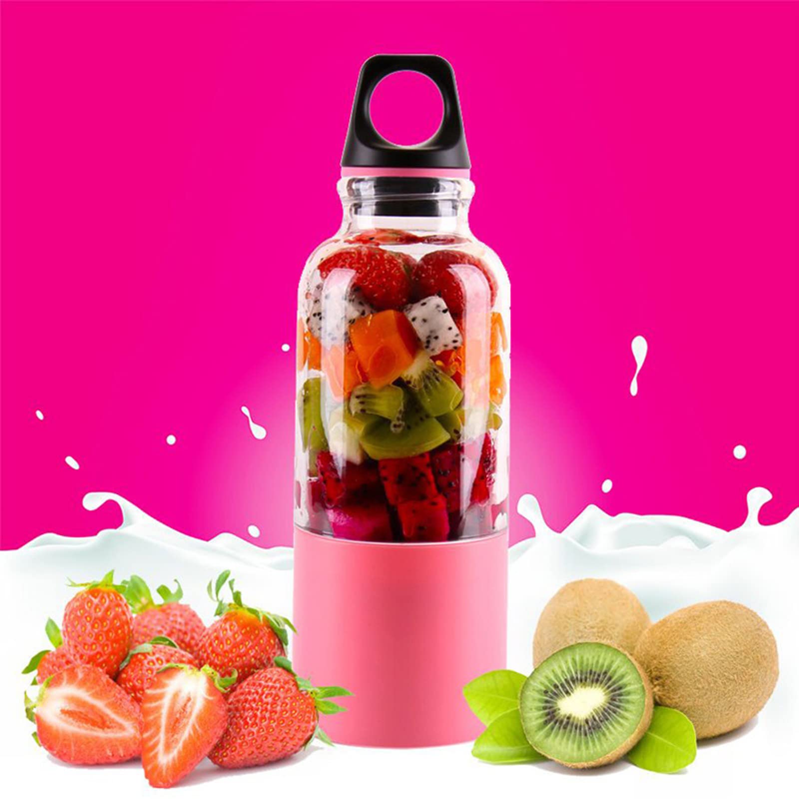 Firlar 17oz Portable Smoothie Blender - USB Rechargeable Personal Blender with 4 Stainless Steel Blades, Travel-Friendly Handle & Leak-Proof Lid - Perfect for Smoothies, Shakes & Ice Crushing at Home, Gym or Outdoor Adventures (Pink)
