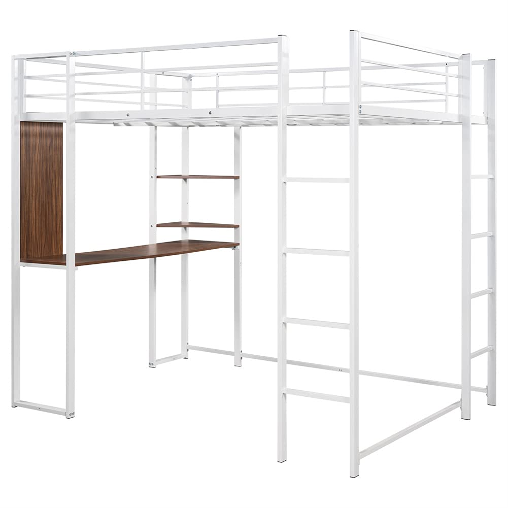 Full Size Metal Loft Bed with 2 Shelves & Desk for Kids & Teens - Sturdy White Space-Saving Bunk Bed for Small Rooms, Dormitories & Apartments - Perfect for Study, Sleep & Storage Solutions