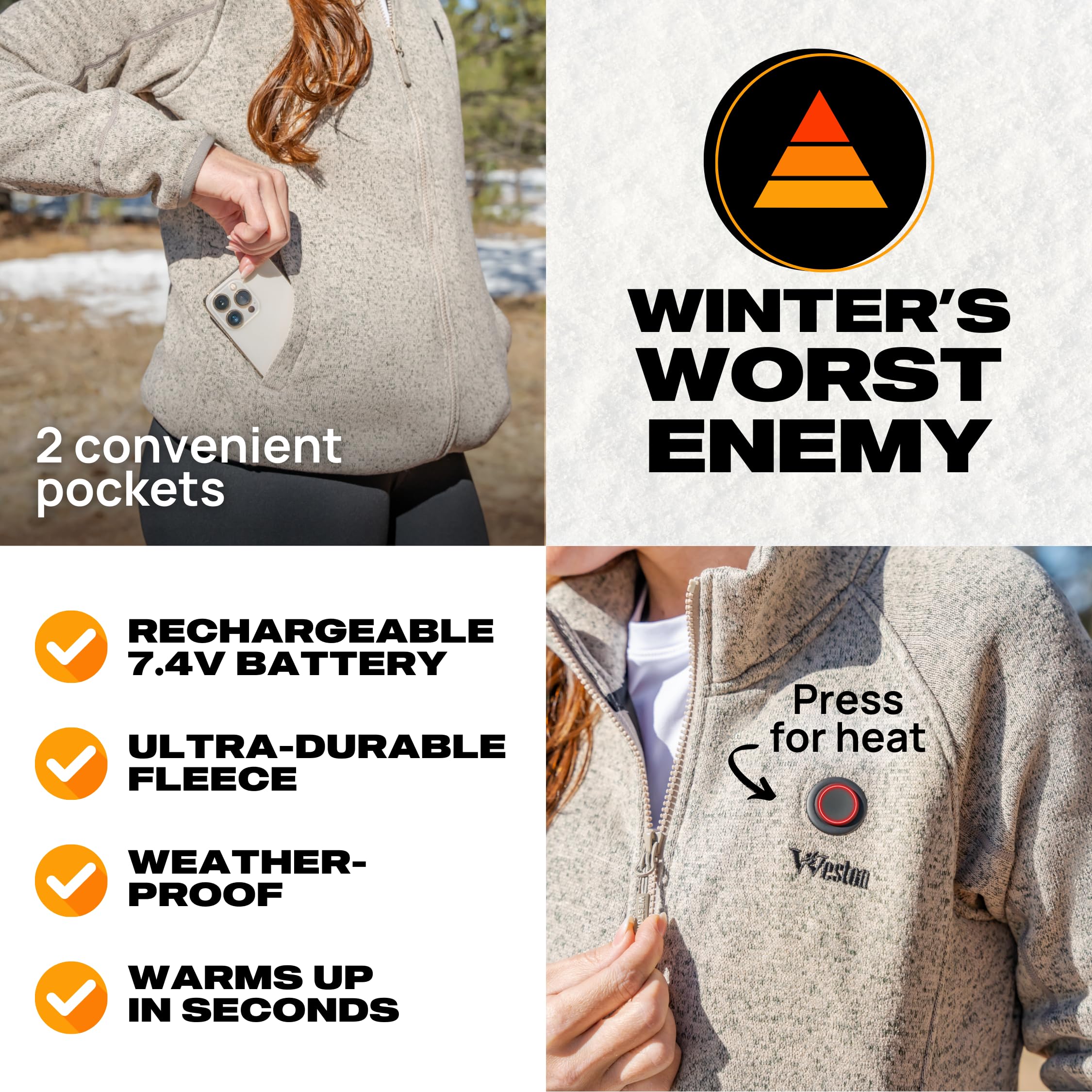 Weston Rechargeable Heated Fleece Jacket for Women - Electric Warm Jacket & Sweatshirt for Cold Weather - Perfect for Outdoor Activities, Skiing, Hiking & Winter Sports
