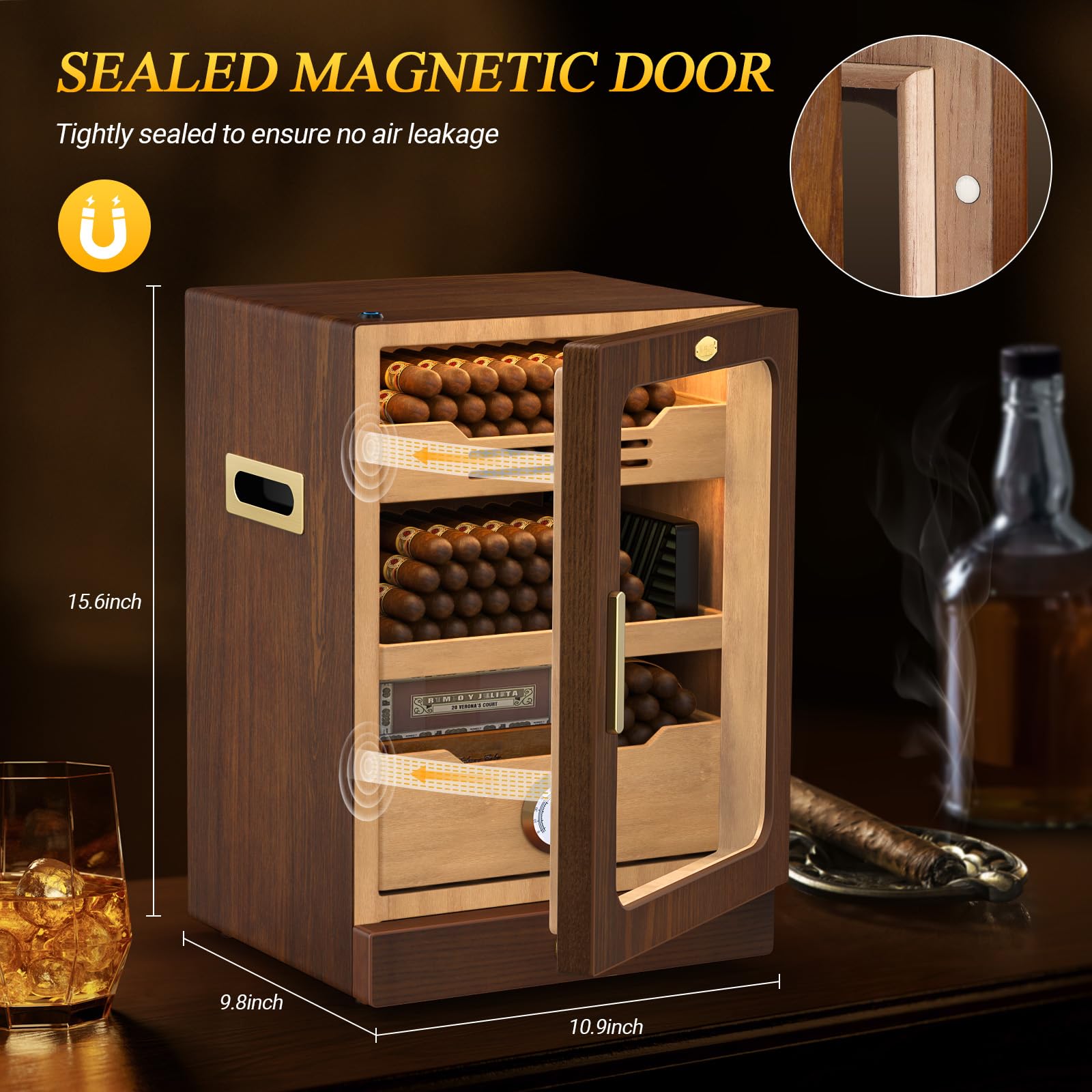 Premium Spanish Cedar Cigar Humidor Cabinet with LED Light & Hygrometer - 100-150 Cigar Capacity, Magnetic Door, 3+1 Large Drawers & 3 Humidifiers - Perfect for Home, Office, or as Luxury Gifts for Men (Whiskey & Cigar Enthusiasts)