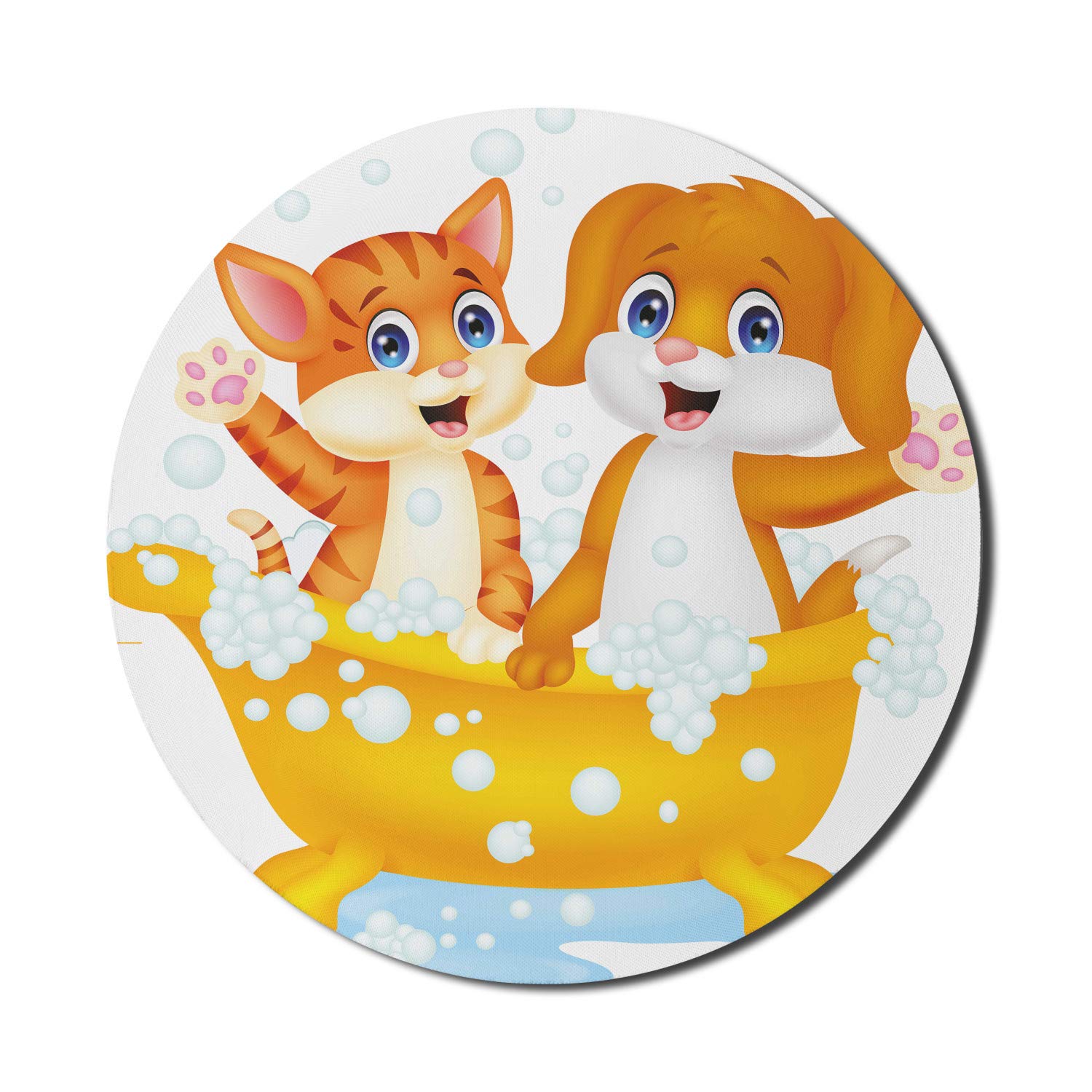 Ambesonne Round Non-Slip Rubber Gaming Mouse Pad - 8 Inch Cartoon Cat & Dog in Bathtub Design with Bubbles - Yellow Brown Blue for Computer, Office & Home Use - Perfect for Work, Gaming & Decor