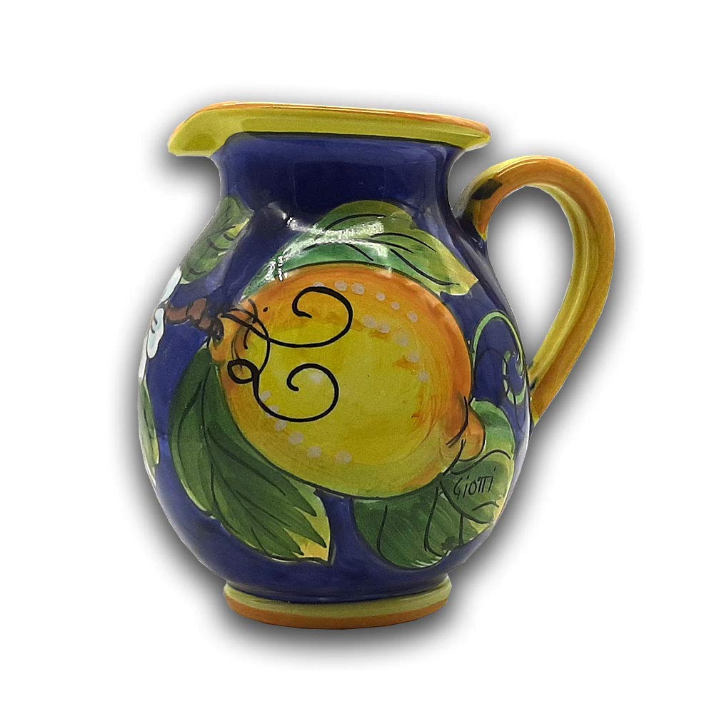 Italian Ceramic Pitcher 16oz - Hand Painted Lemon Blue Design Kitchen Carafe & Utensil Holder - Tuscan Pottery Wine Dispenser & Home Decor Vase - Perfect for Farmhouse Kitchens, Italian Restaurants & Gift Giving