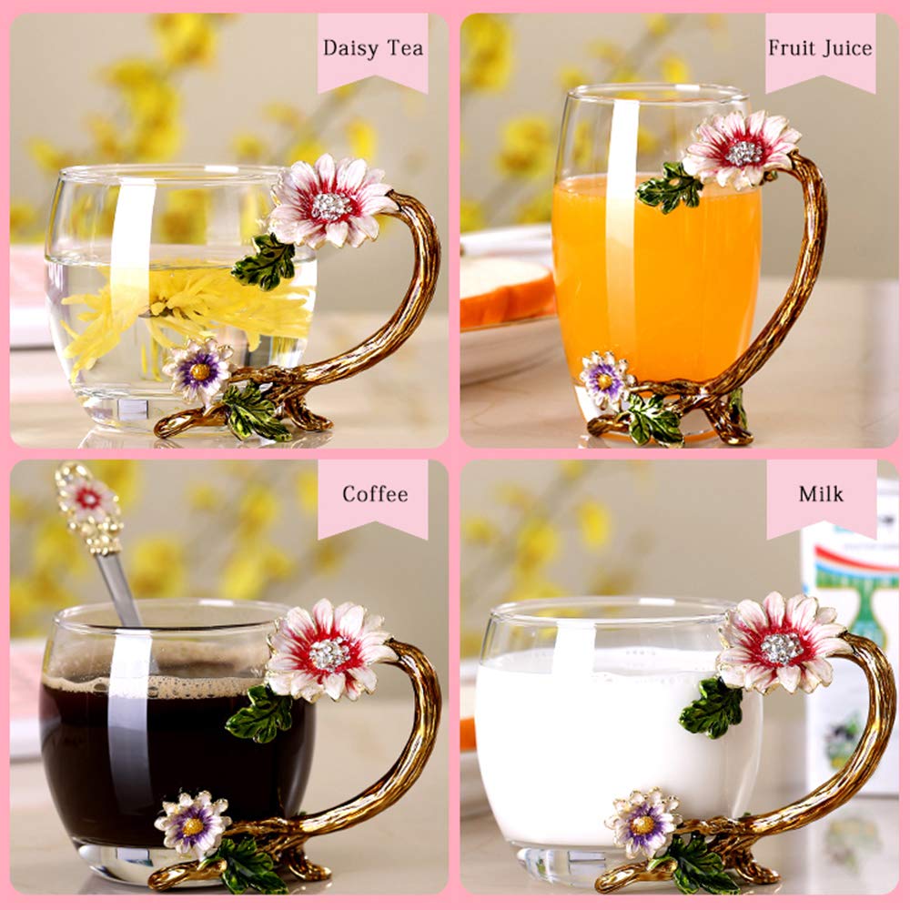Enamel Sunflower Crystal Lead-Free Glass Tea Cup with Spoon Set - Perfect Gift for Christmas, Valentine's Day, Mother's Day - Ideal Present for Mom, Grandma, Girlfriend, Sister - Elegant Tea Time Accessories for Home, Office, or Afternoon Tea Parties