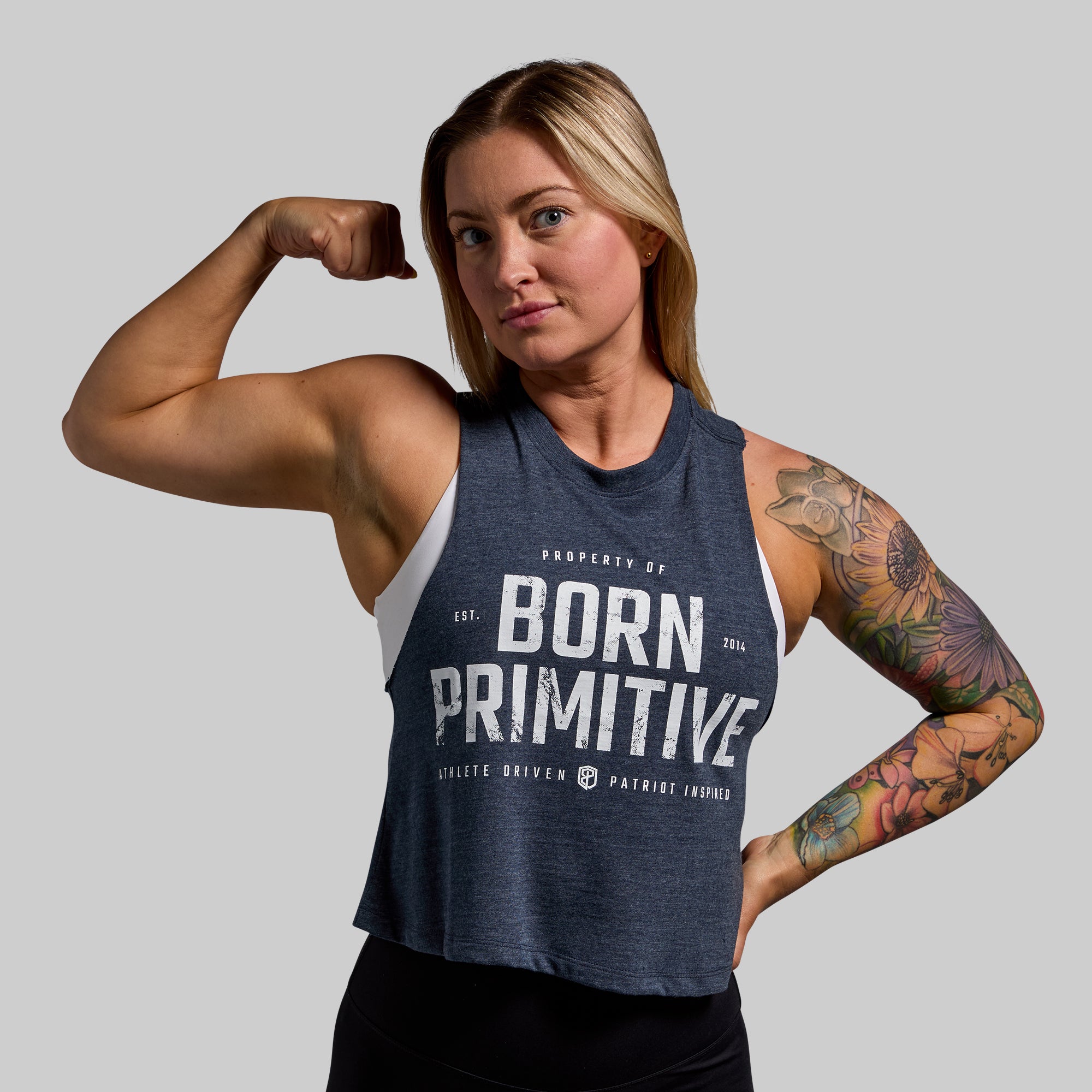 Born Primitive Elevate Crop Top - Heather Navy - Women's Workout Shirt for Yoga, Running & Gym