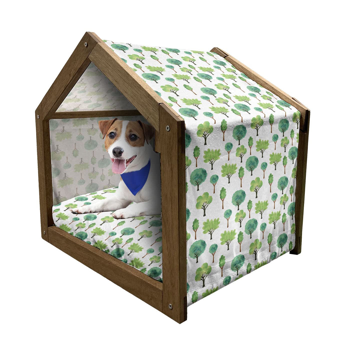 Lunarable Wooden Pet House with Watercolor Forest Print - Portable Indoor & Outdoor Dog Kennel with Pillow & Cover - Medium Size in Sea Green, Cinnamon & White - Perfect for Backyard, Patio or Living Room Use
