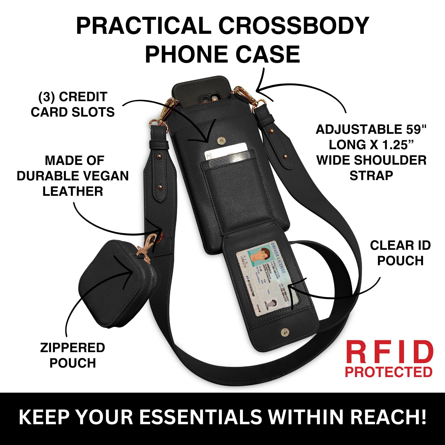 Crossbody Phone Purse for Women - Touch Screen Handbag with Zippered Pouch & Adjustable Strap - Stylish Phone Sling Bag for Everyday Use, Travel, and Shopping (Black, Boca)