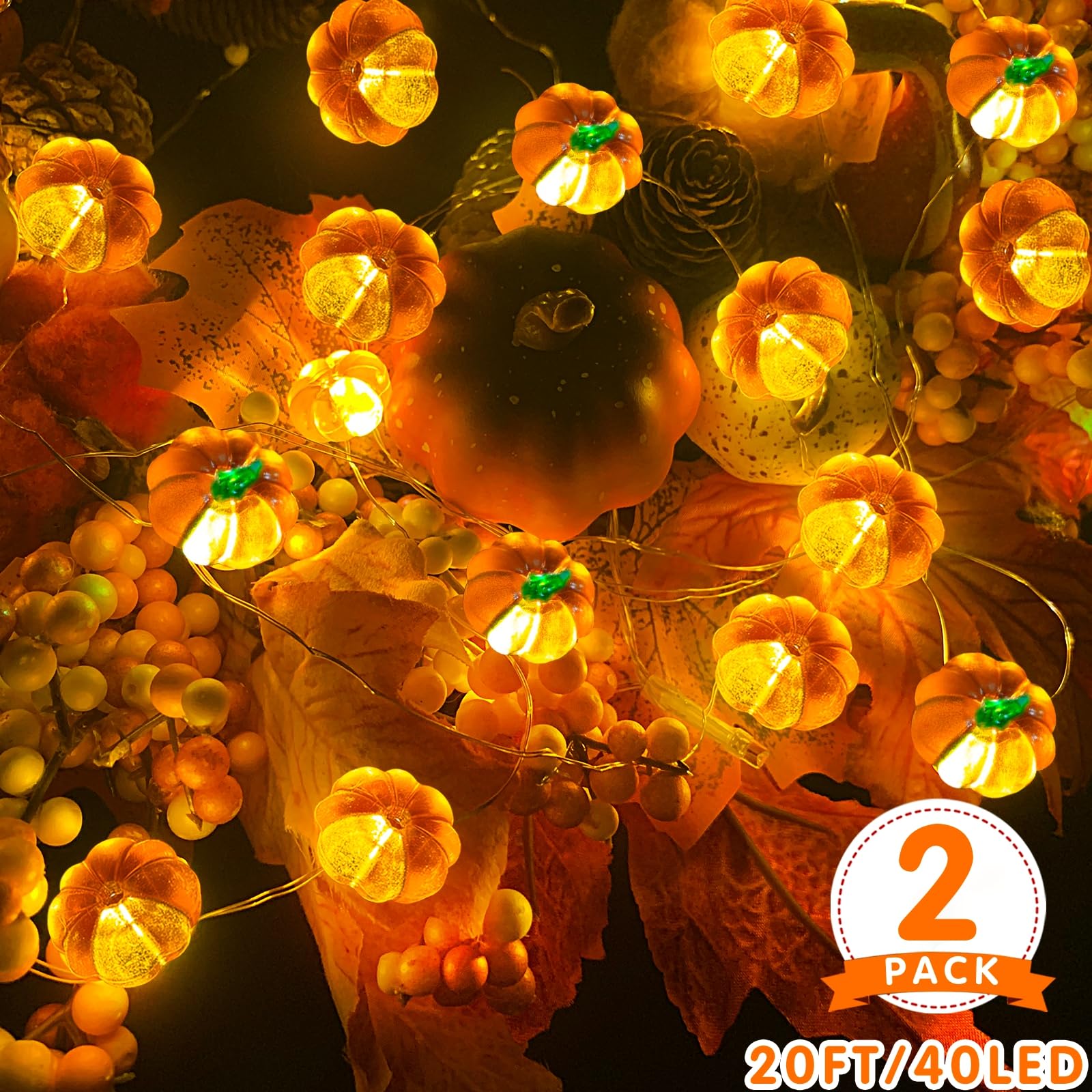 2 Pack 3D Fall Pumpkin String Lights - 20Ft 40LED Warm White Battery Operated Orange Lights for Thanksgiving, Halloween & Home Decor - Indoor Thanksgiving Decor, Fall Table Centerpiece, Porch Lighting, Party Decorations