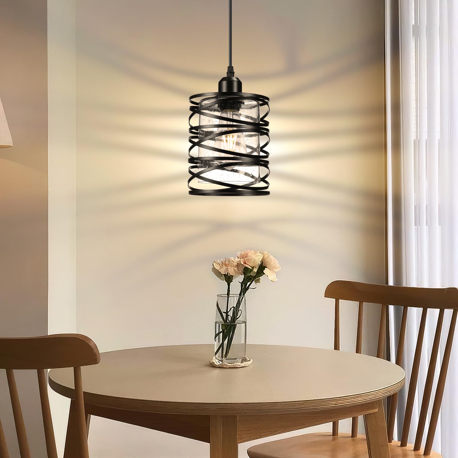 3 Pack Black Adjustable Industrial Pendant Lights for Kitchen Island - Modern Seeded Glass Shade Hanging Lighting Fixtures - Perfect for Kitchen, Dining Room, Bar & Restaurant Decor