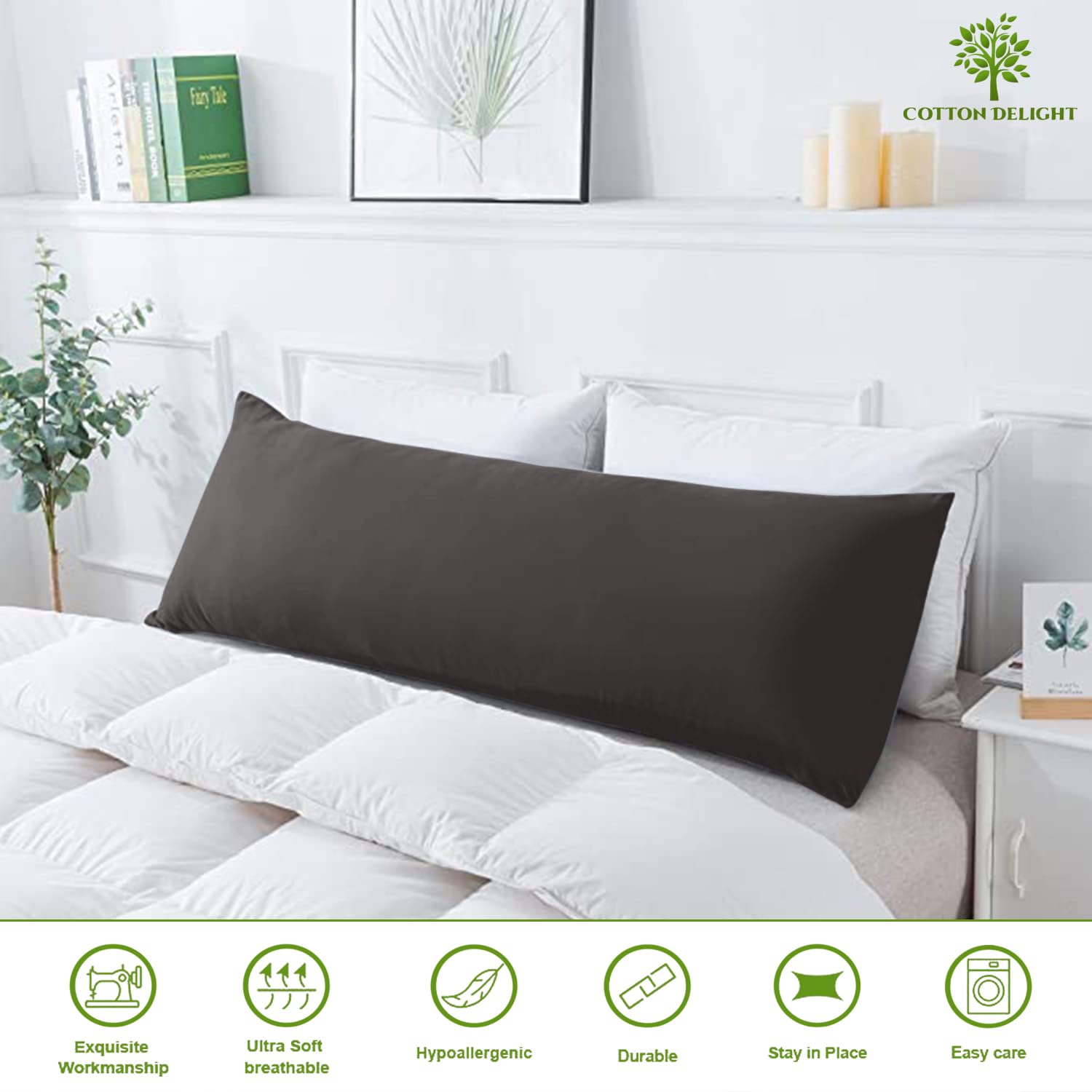 Premium 100% Natural Cotton Body Pillow Cover - 20x60 Inches, 600 Thread Count, Soft Grey with Zipper Closure - Perfect for Pregnancy, Back Support & Lounging Comfort
