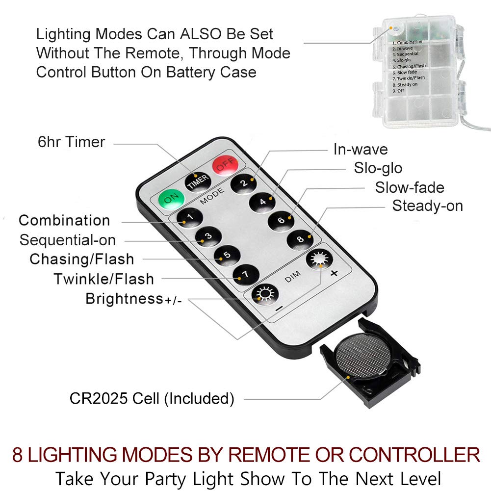 Bright Zeal 66 Ft 200 LED Christmas Lights Battery Operated with Remote - 8 Modes Warm White Fairy Lights with Timer & Dimmable Function - Waterproof Outdoor Twinkle Lights for Christmas Tree, Patio, Garden, Wedding and Party Decorations