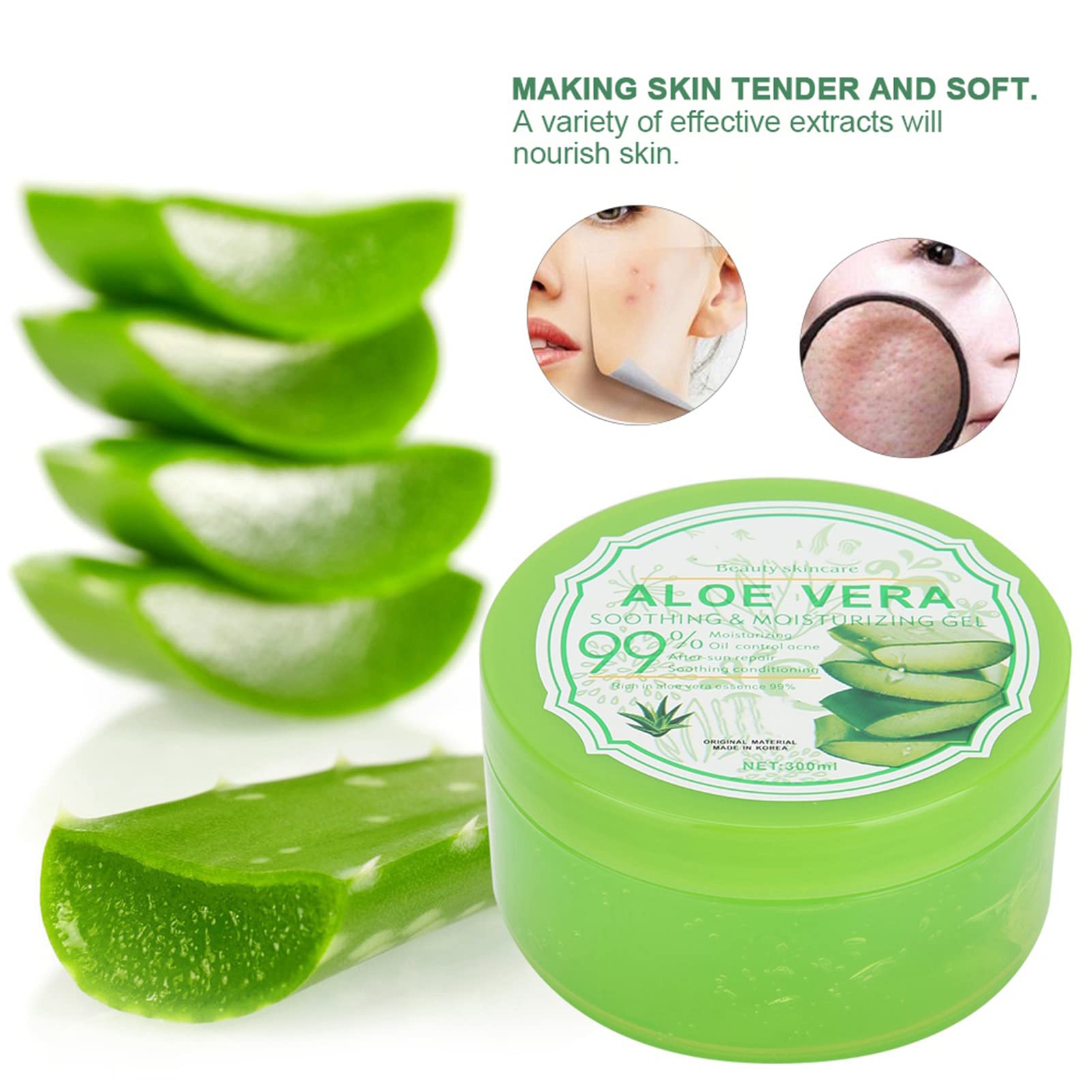 Pure Aloe Vera Gel for Face & Body - Hydrating Moisturizer for Dry, Itchy Skin | Soothing Relief for Sunburn, Irritation | 300g Natural Skin Care Cream - Perfect for Nighttime Use & Post-Sun Care