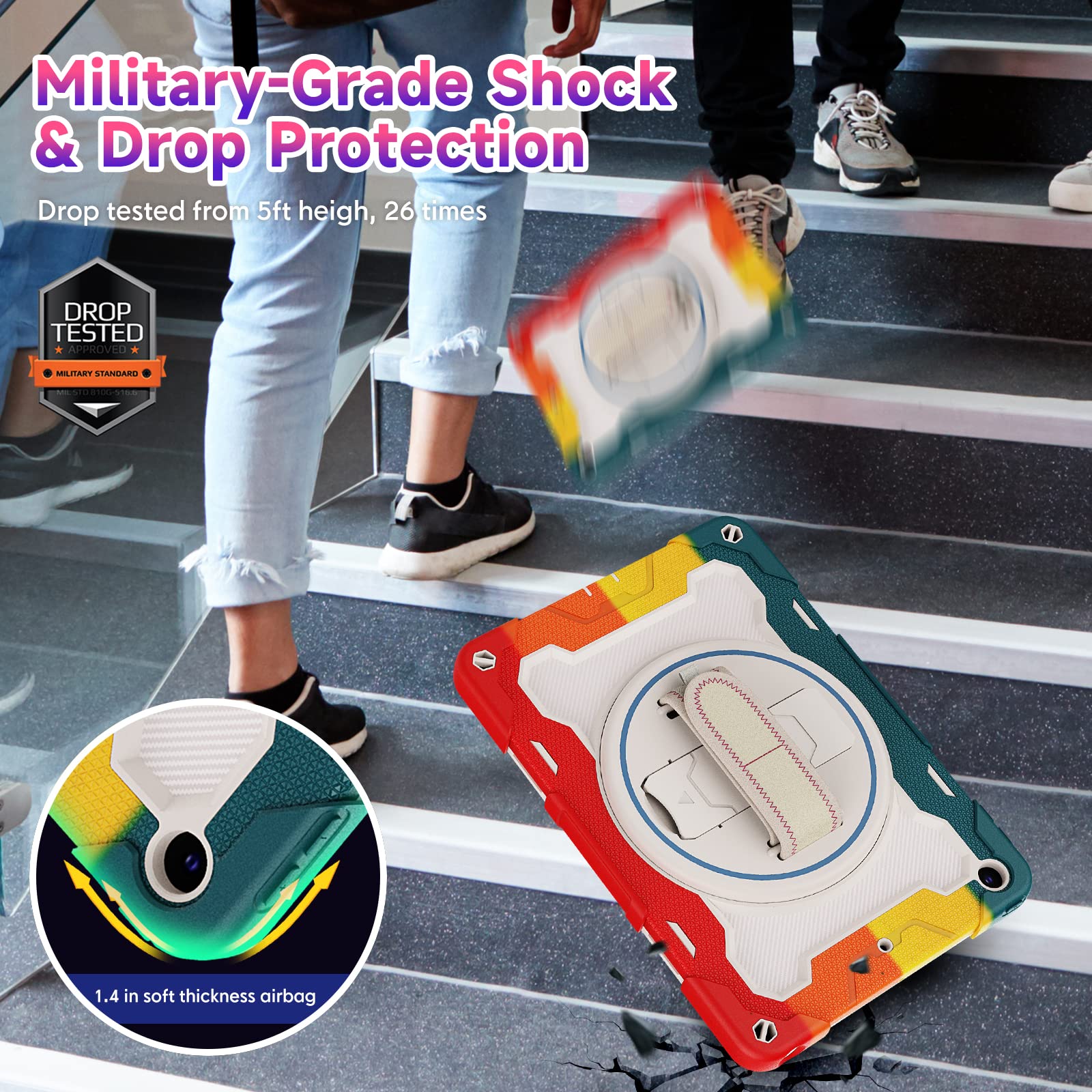 Shockproof iPad Case for Kids - Compatible with iPad 10.2 inch (9th/8th/7th Gen 2021/2020/2019) | Includes Screen Protector, Rotating Stand, Hand Strap, Shoulder Strap & Pencil Holder | Perfect for School, Travel & Outdoor Activities