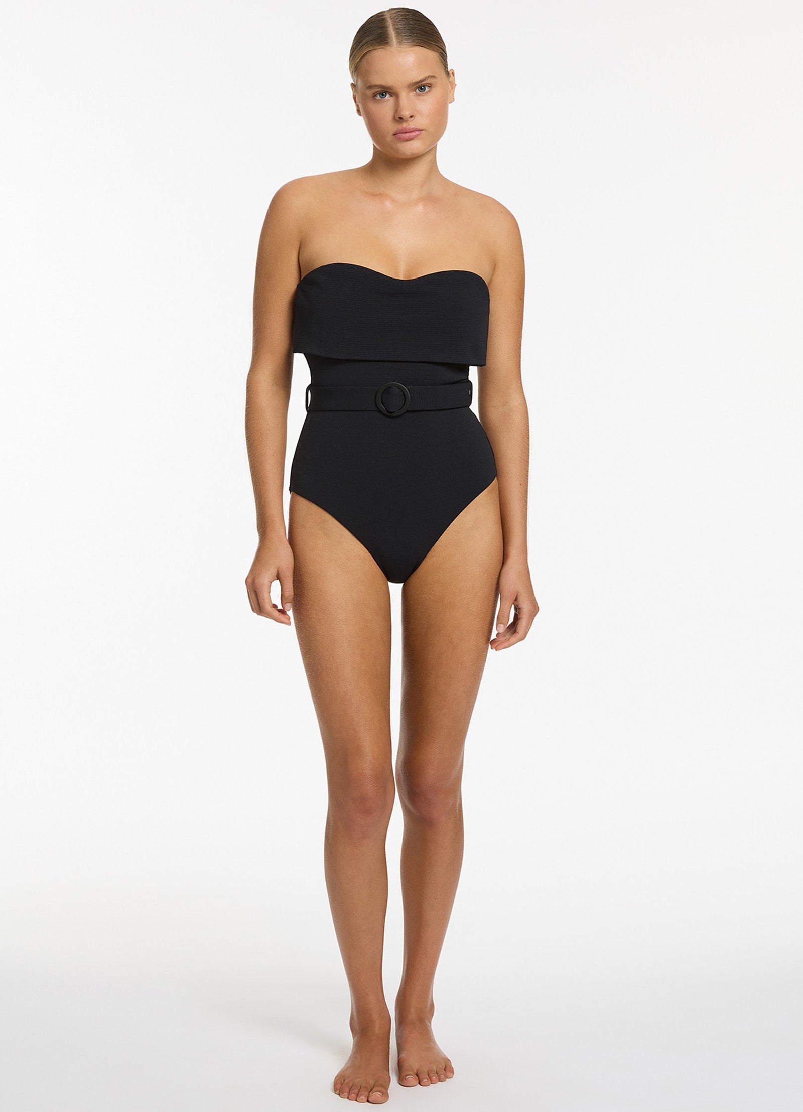 Isla Rib Fold Down Bandeau One Piece Swimsuit - Black | Women's Sexy Monokini for Beach, Pool & Summer Vacation