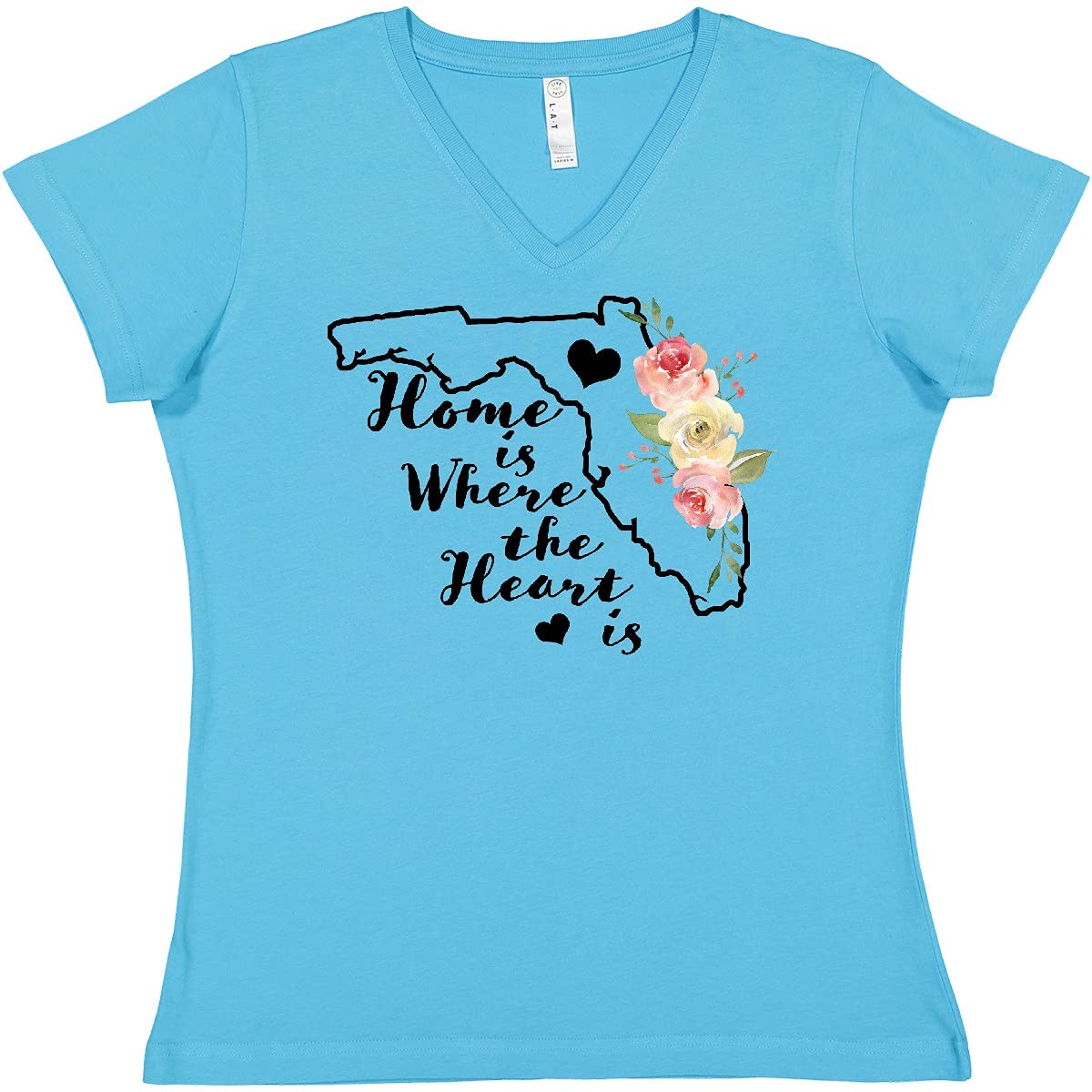 Inktastic Florida Home Where The Heart Is Watercolor Print Women's V-Neck T-Shirt - Soft Casual Tee for Beach Vacation, Family Reunions & Everyday Wear
