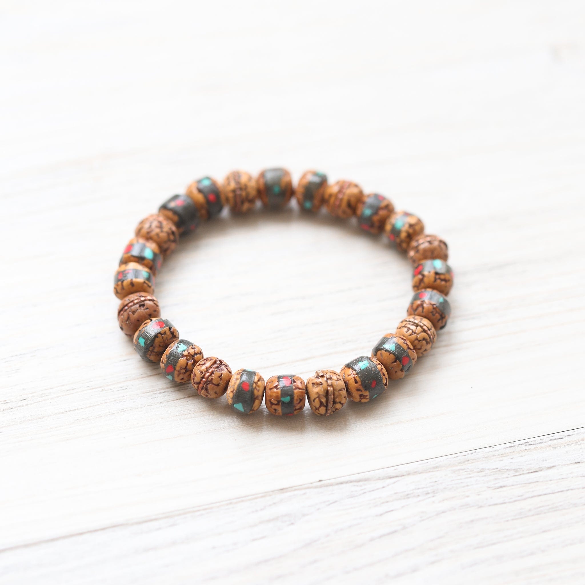 Handmade Art & Heritage Inlaid Rudraksha Bracelet - Spiritual Beaded Mala for Meditation, Yoga & Prayer - Authentic Wooden Bead Jewelry for Men & Women