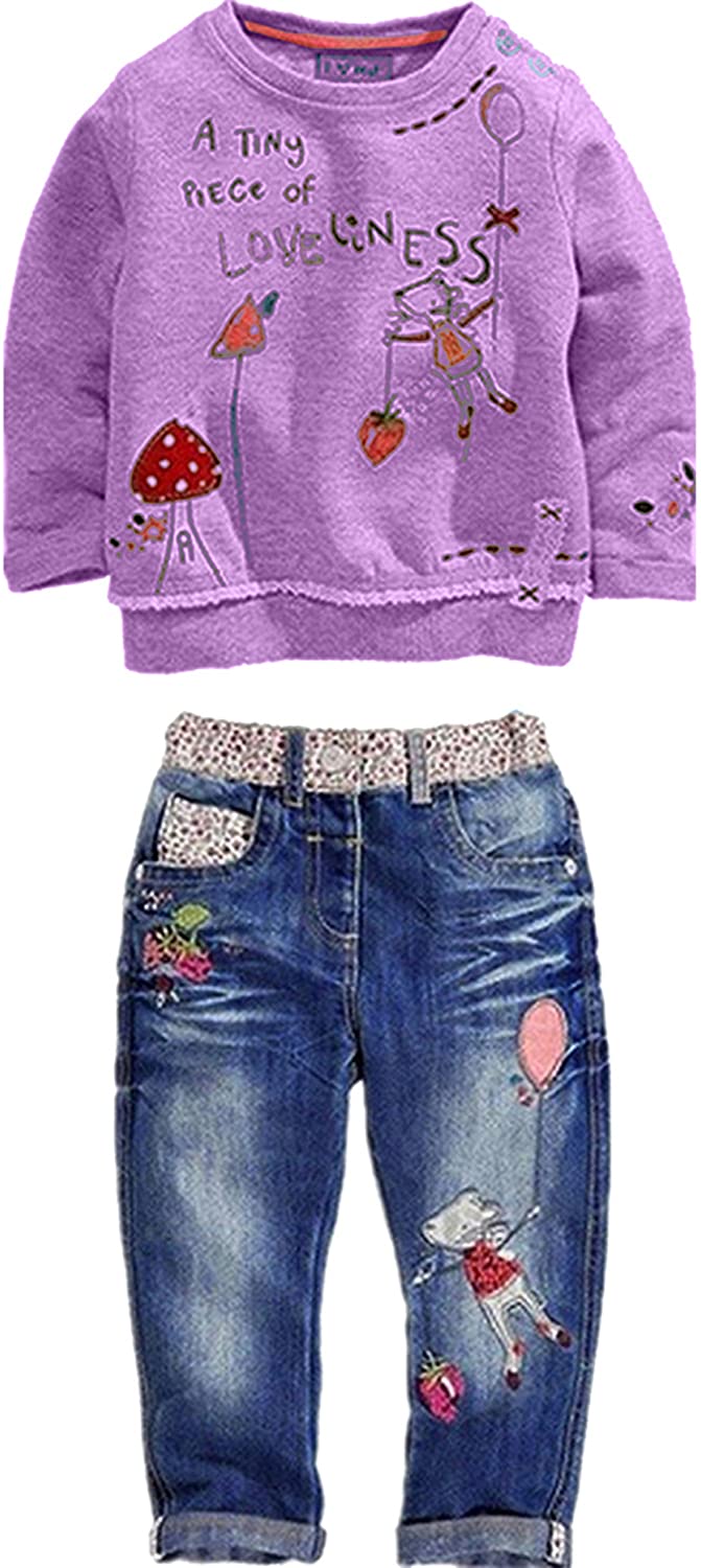 **LUKYCILD Toddler Girl Clothes 2-Piece Outfit - Long Sleeve Top & Jeans with Pockets | Cute Cartoon Design for Baby Girls | Perfect for Playdates, Daycare & Family Photos**