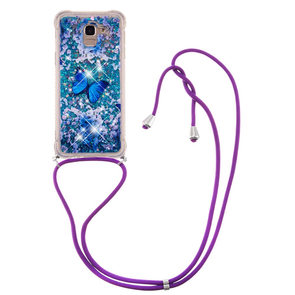 Samsung Galaxy J6 2018 Phone Case with Adjustable Lanyard - Shockproof Silicone Neck Strap & Crossbody Strap - Butterfly Liquid TPU Cover for Everyday Use, Travel & Outdoor Activities