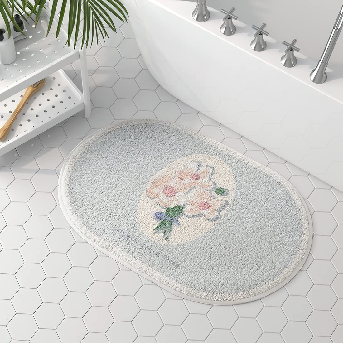 Vctops Elegant Floral Printed Bathroom Rug - Ultra Soft Absorbent Non-Slip Machine Washable Oval Plush Bath Mat (16