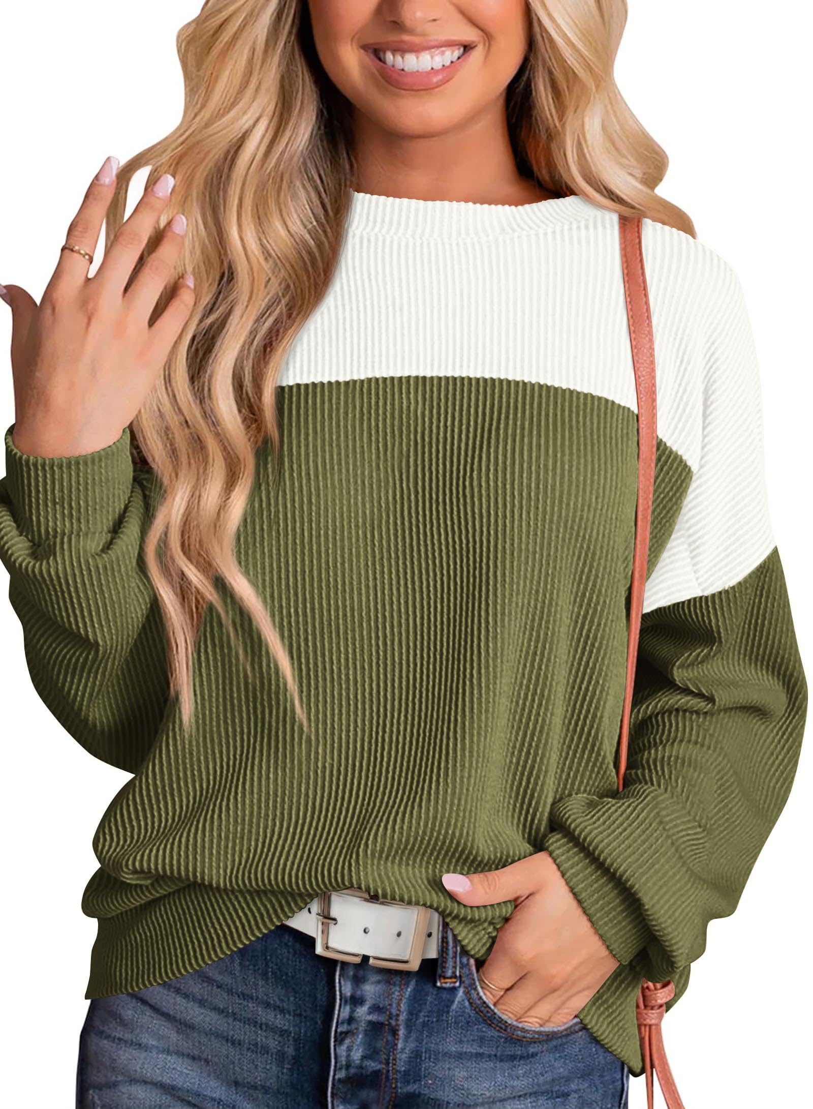 KIRUNDO Women's Spring Fashion 2025 Ribbed Long Sleeve Knit Top - Color Block Casual Loose Crewneck Pullover Shirt for Women | Perfect for Office Wear, Weekend Outfits & Layering in Spring