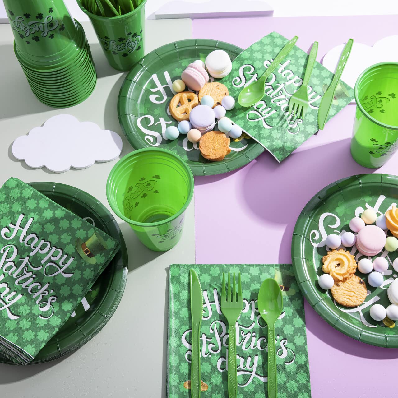 JOYIN 126PCS St. Patrick's Day Party Tableware Set - 18-Person Shamrock Themed Dinner Kit with 9-inch Plates, Cups, Napkins & Cutlery (Forks, Knives, Spoons) - Perfect for Irish Themed Parties, Holiday Celebrations & Family Gatherings
